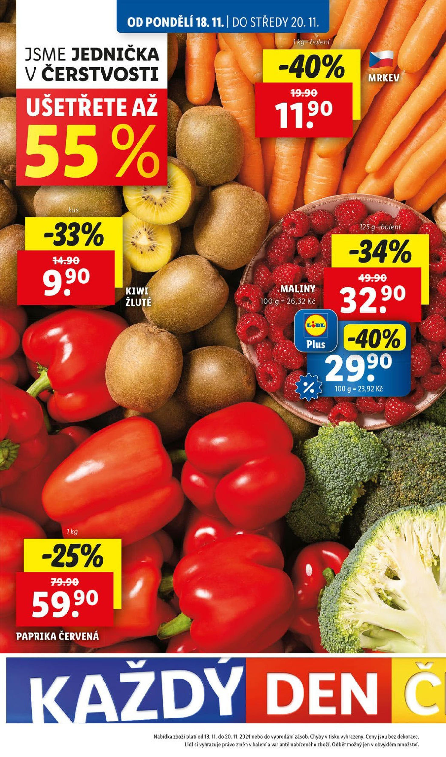 Lidl leták od 18.11.2024 - Nový akční leták | Strana: 14 | Produkty: Kiwi, Mrkev, Maliny, Paprika červená