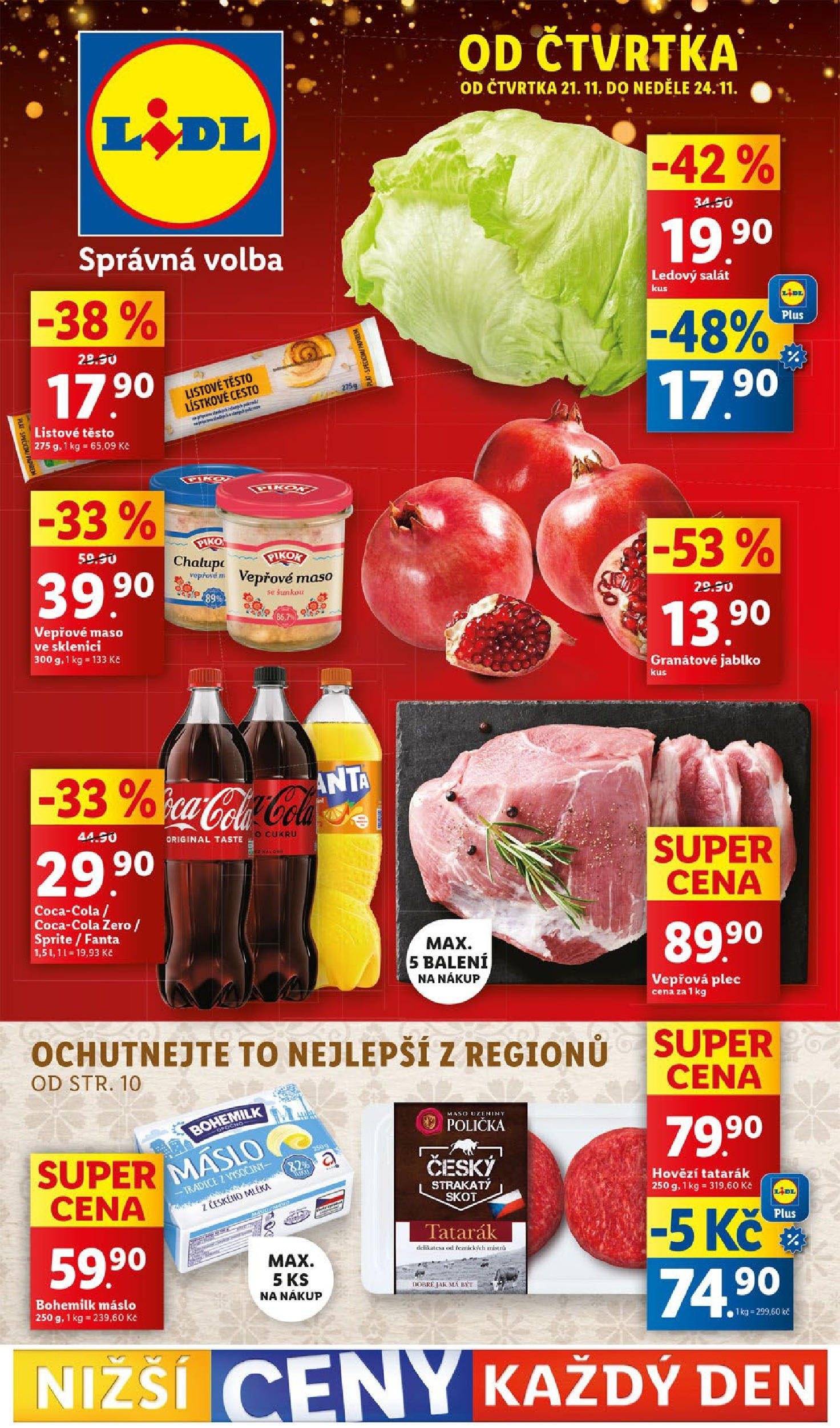 Lidl leták od 21.11.2024 - Nový akční leták | Strana: 1 | Produkty: Máslo, Sprite, Vepřová plec, Pikok