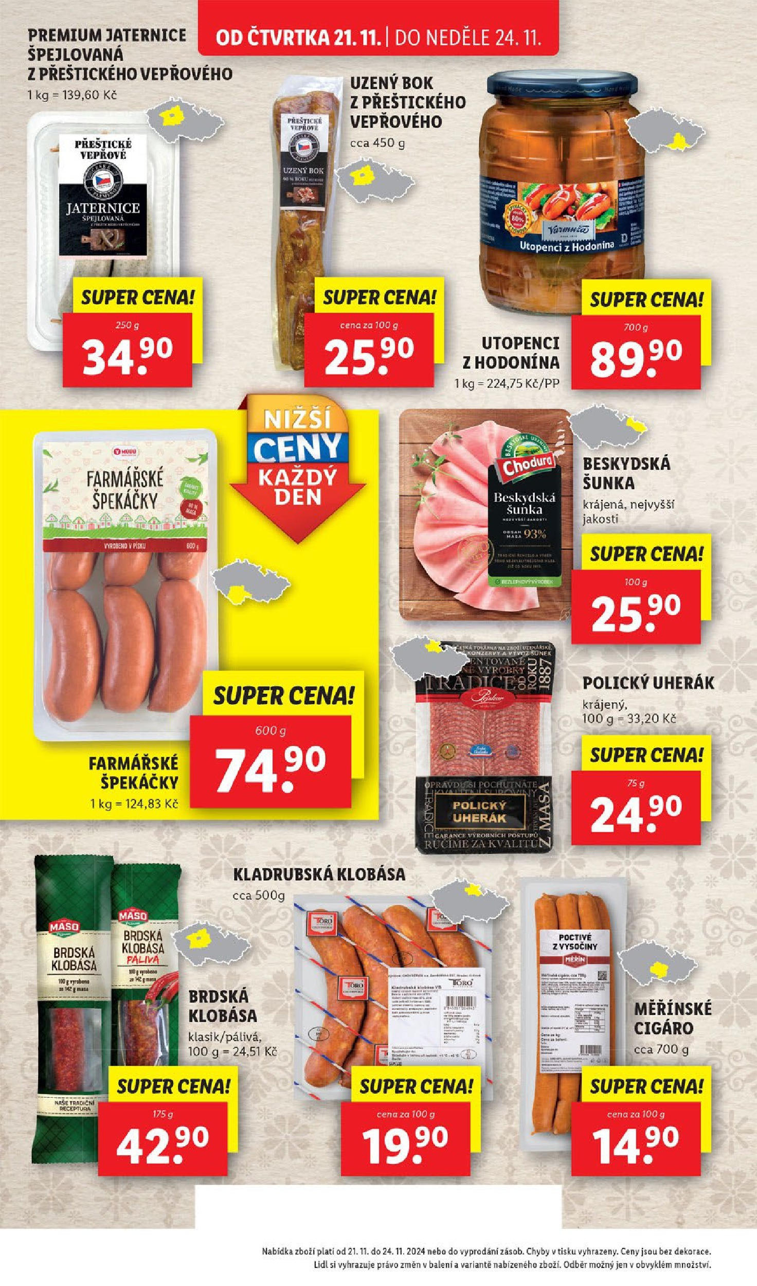 Lidl leták od 21.11.2024 - Nový akční leták | Strana: 22 | Produkty: Špekáčky, Klobása, Utopenci, Maso