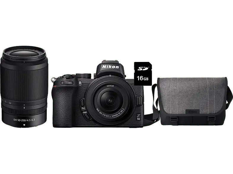 Nikon Z 50 Systemkamera mit DX 16-50mm VR, 50-250mm Tasche und 16GB Speicherkarte; Systemkamera Set