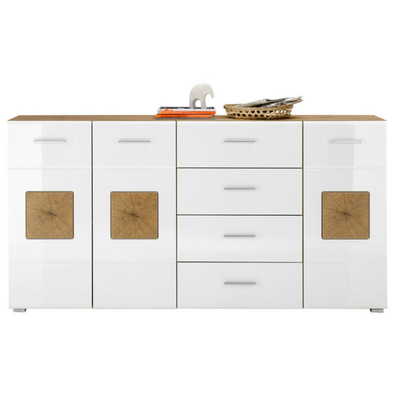 Sideboard Georgia Eiche Artisan Nachbildung weiß Hochglanz Hirnholz Optik B/H/T: ca. 180x92x38 cm