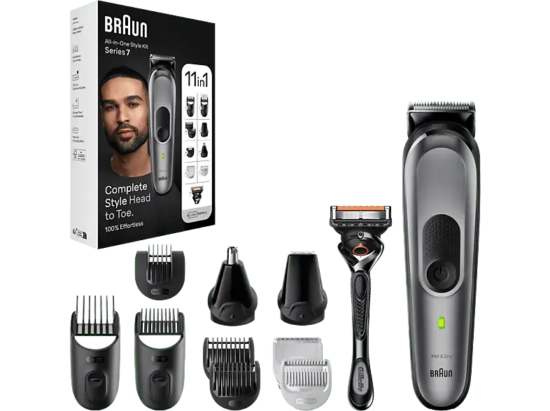 Braun AIO7440 All-in-One Style Kit Nass- und Trockenrasierer, Silber, Akkubetrieb