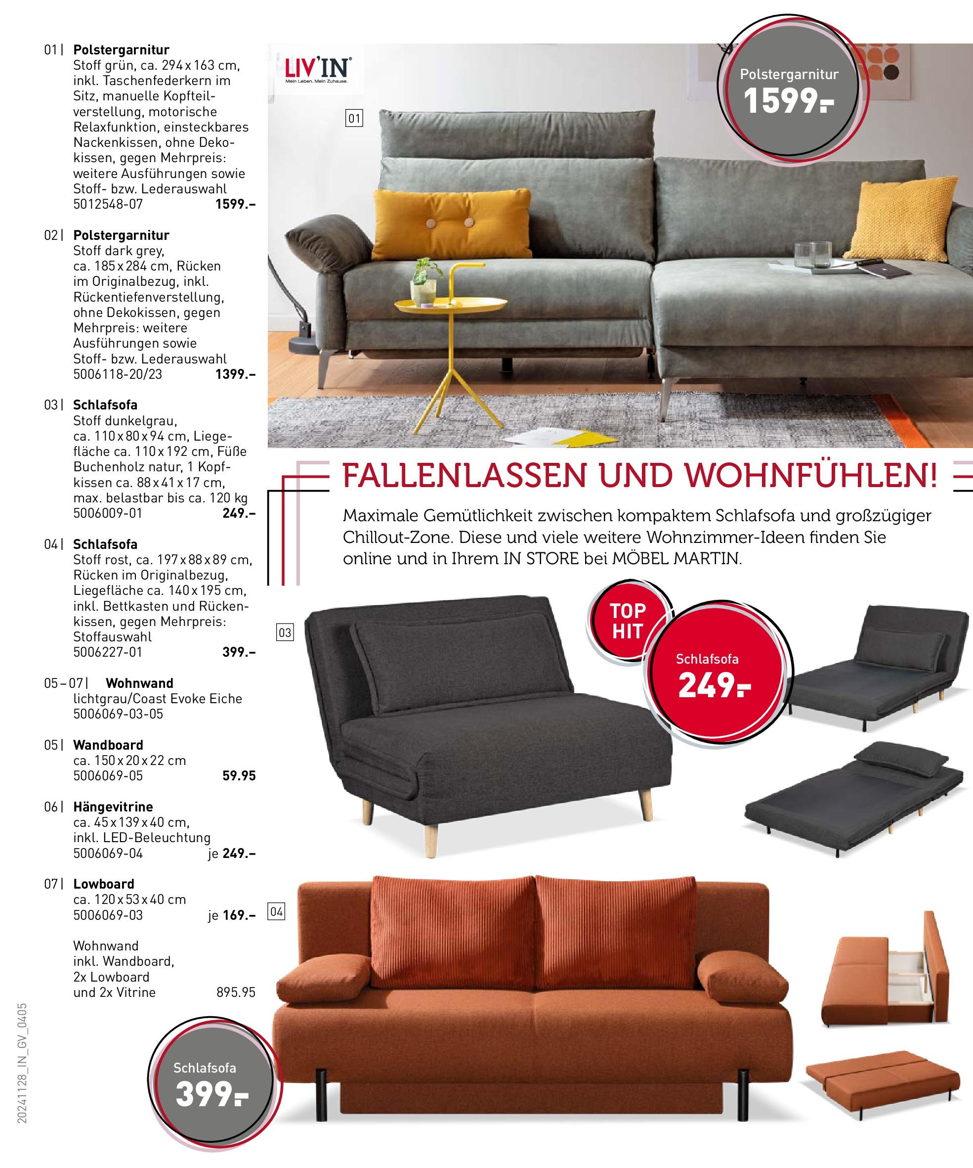 Möbel Martin Wohninspiration für mehr Gemütlichkeit (ab 28.11.2024) zum Blättern | Seite: 4 | Produkte: Schlafsofa, Lowboard, Kissen, Hängevitrine