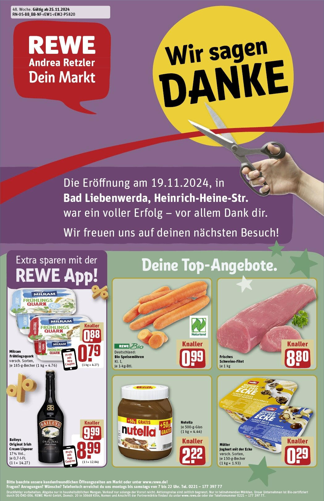 Rewe - Bad Liebenwerda, Heinrich-Heine-Str. 1  (ab 25.11.2024) zum Blättern » Angebote | Seite: 3 | Produkte: Nutella, Schweinefilet, Milram, Baileys