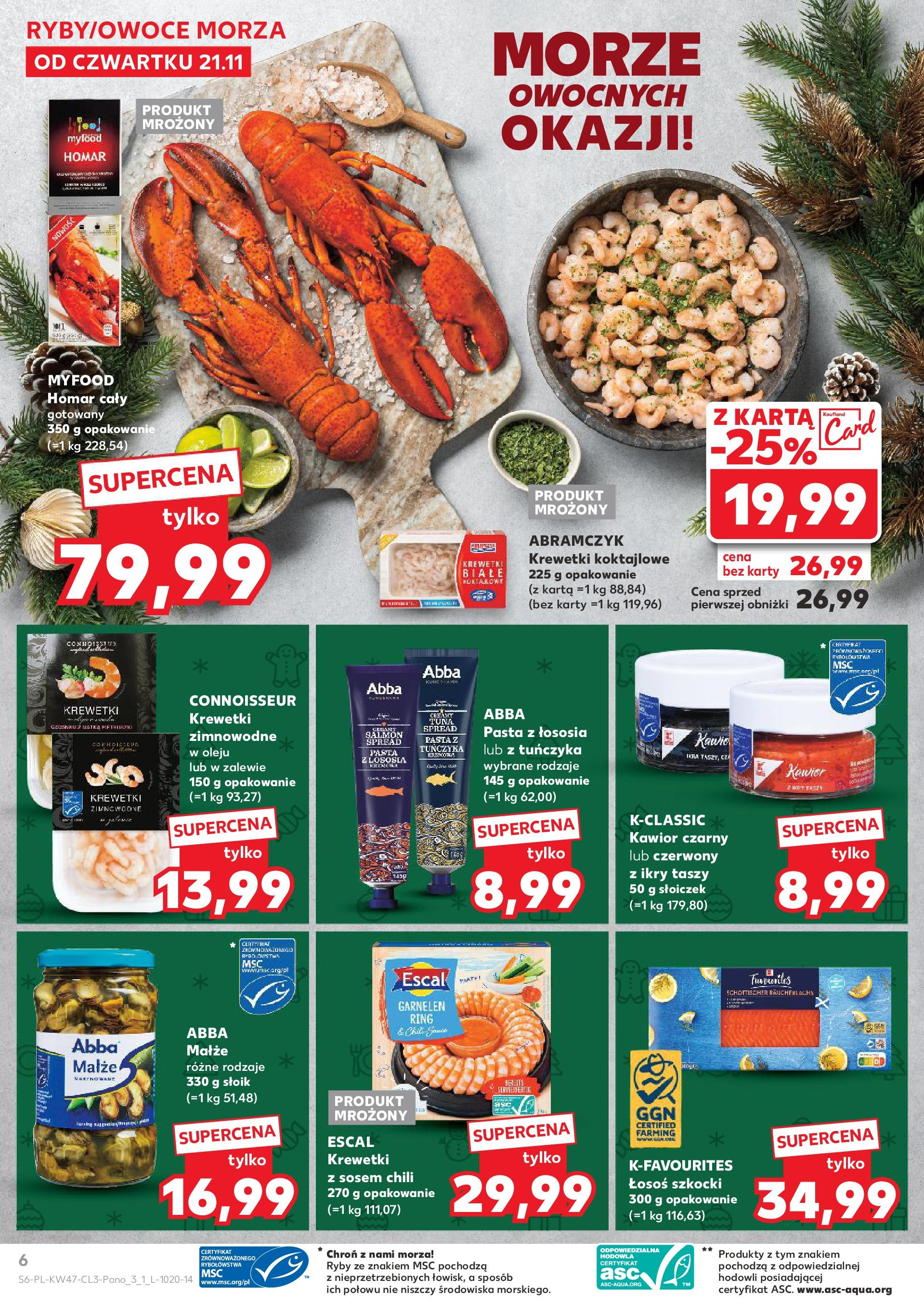 Kaufland gazetka od 21.11.2024 | Boże Narodzenie 🎄🎁 | Strona: 6 | Produkty: Homar, Łosoś, Krewetki białe, Ryby