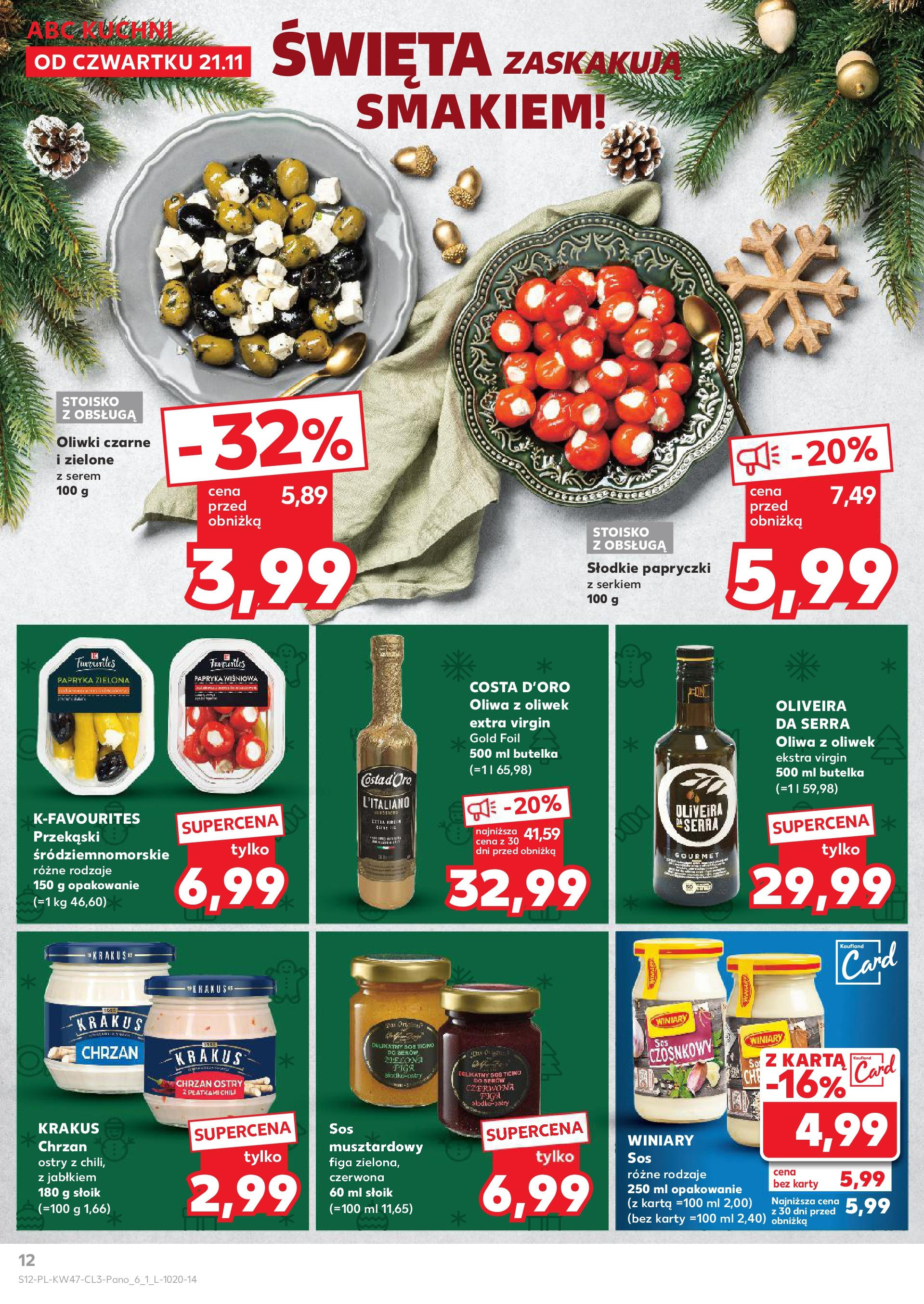 Kaufland gazetka od 21.11.2024 | Boże Narodzenie 🎄🎁 | Strona: 12 | Produkty: Oliwa z oliwek, Chrzan, Oliwki czarne, Sos