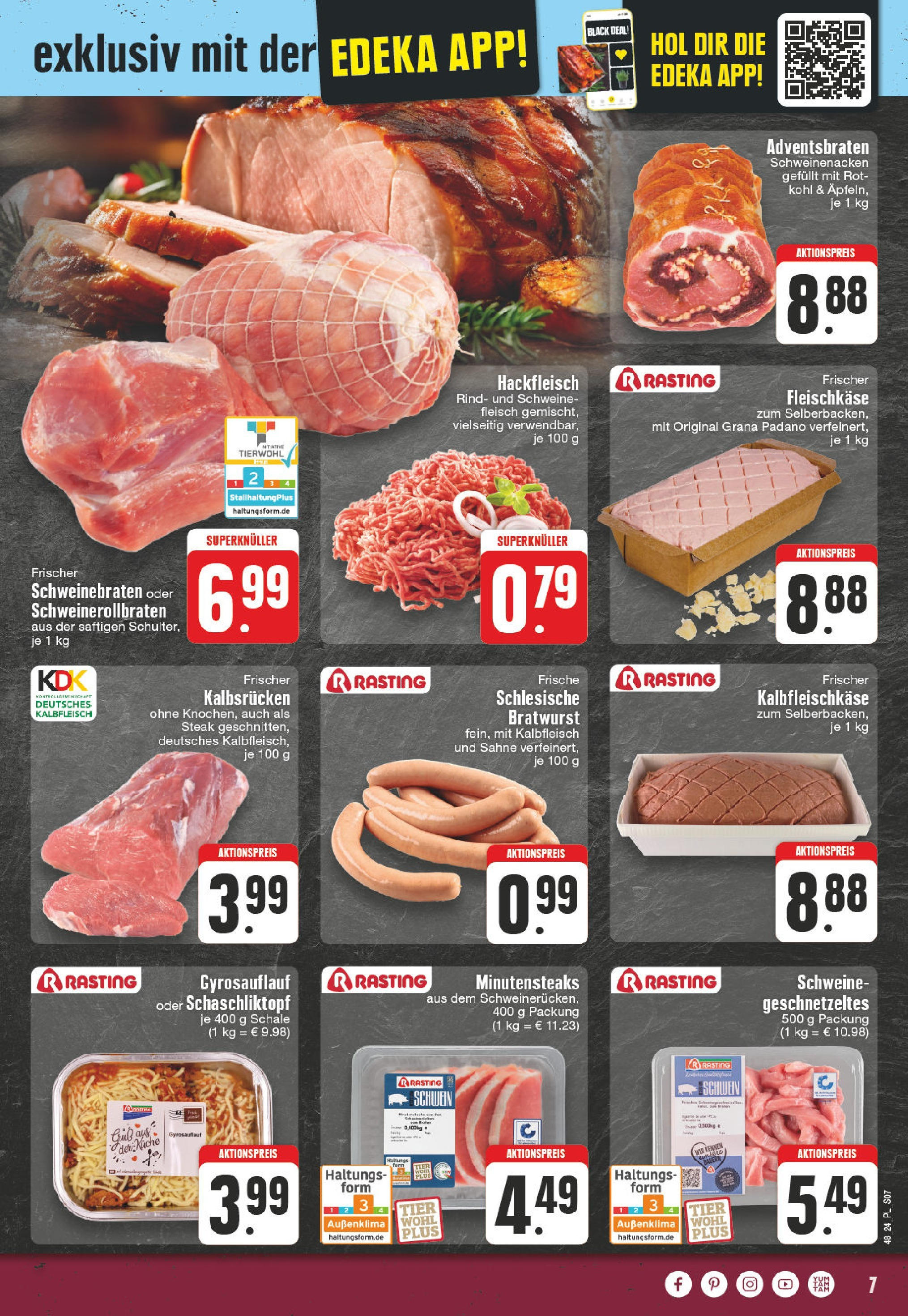 Edeka - E center: Wochenangebote (ab 24.11.2024) » Angebote Online | Seite: 7 | Produkte: Bratwurst, Schweinenacken, Steak, Sahne