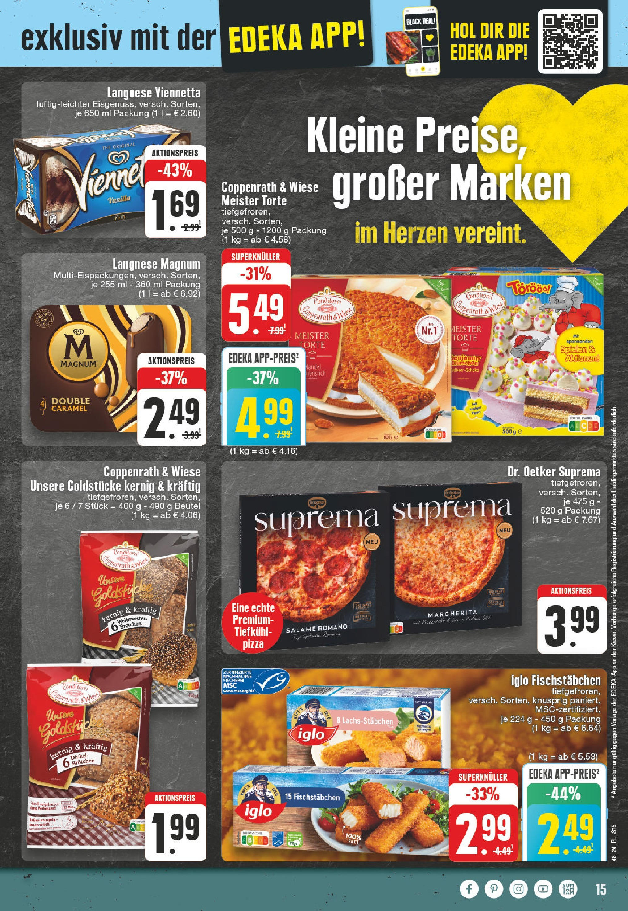 Edeka - EDEKA: Wochenangebote (ab 24.11.2024) » Angebote Online | Seite: 15 | Produkte: Langnese, Iglo, Fischstabchen, Pizza