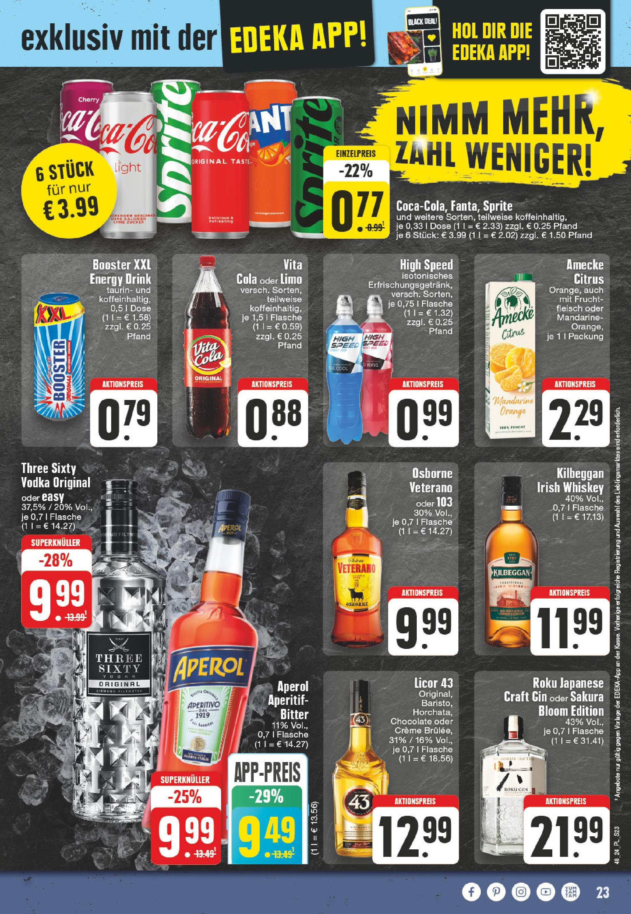 Edeka - E center: Wochenangebote (ab 24.11.2024) » Angebote Online | Seite: 23 | Produkte: Aperol, Vodka, Gin, Whiskey