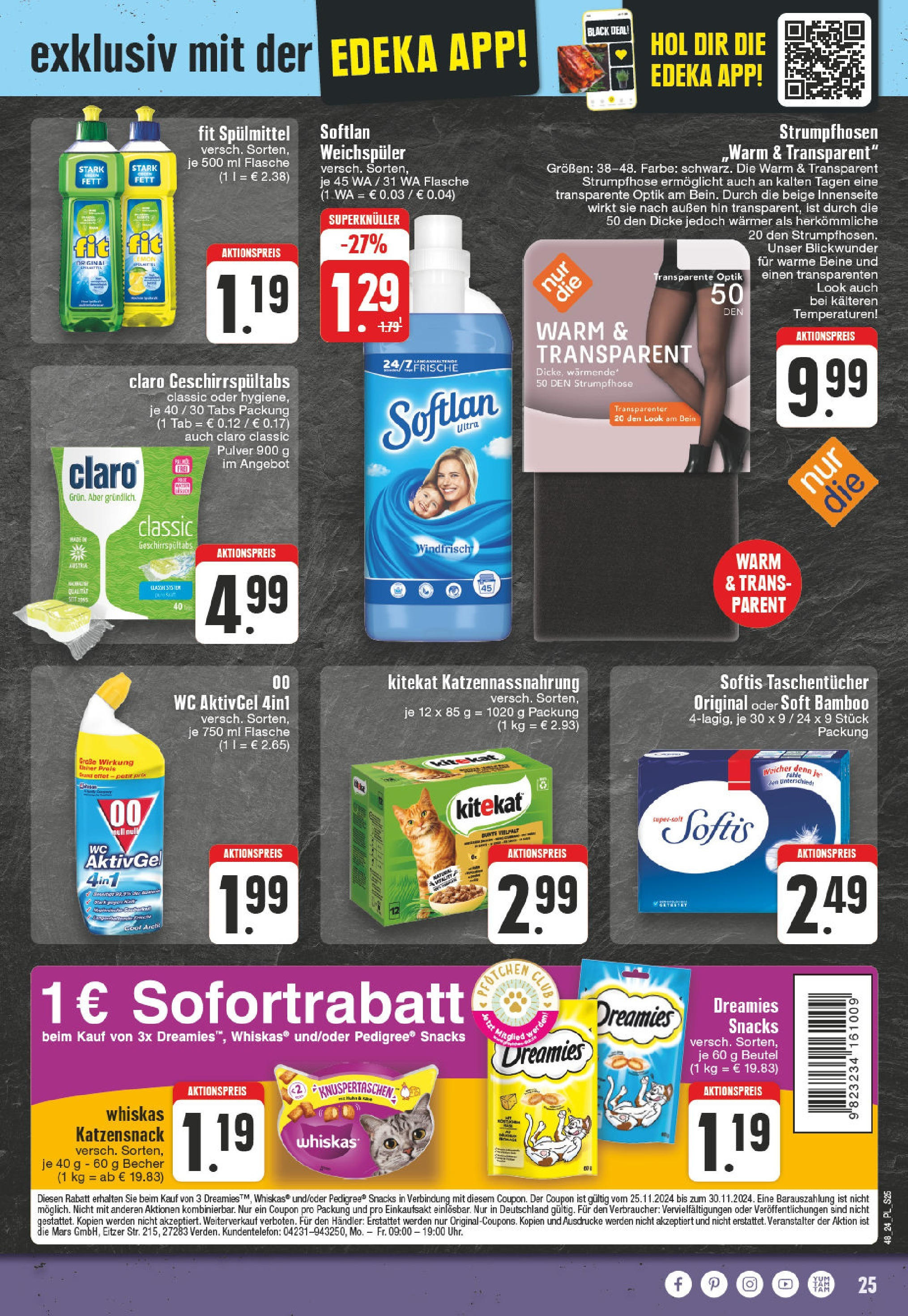 Edeka - EDEKA: Wochenangebote (ab 24.11.2024) » Angebote Online | Seite: 25 | Produkte: Mars, Weichspüler, Strumpfhose, Whiskas