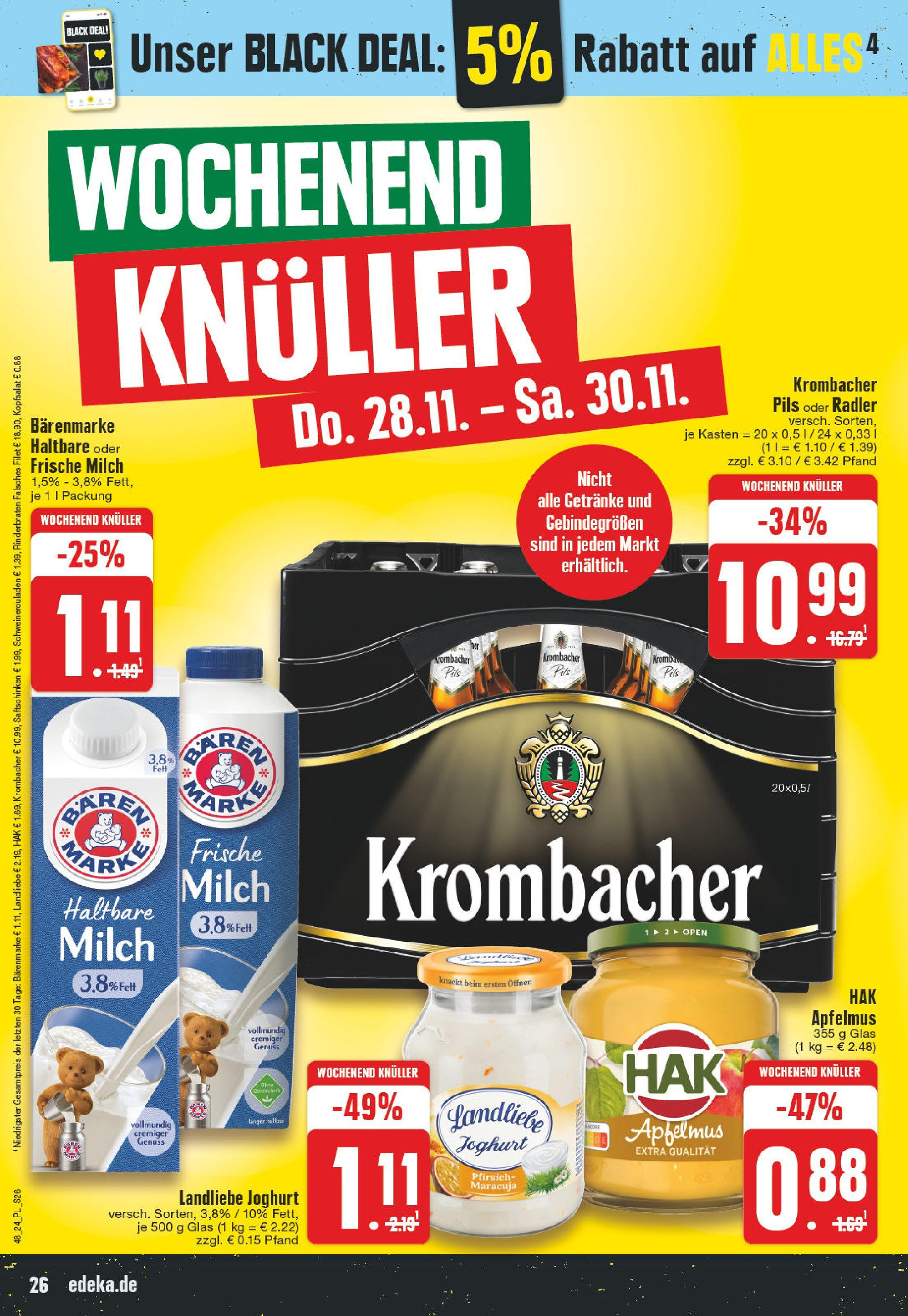 Edeka - EDEKA: Wochenangebote (ab 24.11.2024) » Angebote Online | Seite: 26 | Produkte: Rinderbraten, Milch, Pils, Krombacher