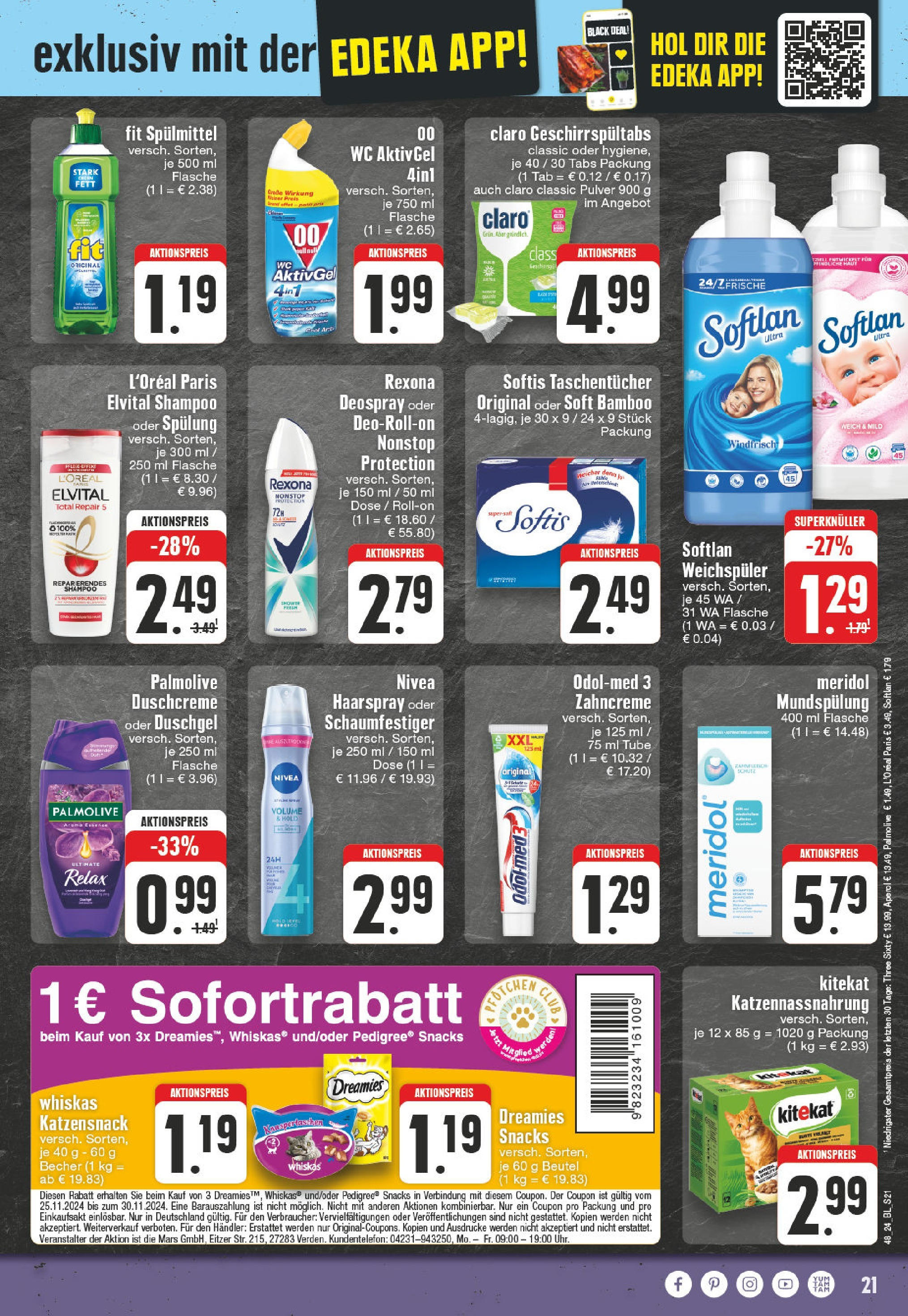 Edeka - EDEKA: Wochenangebote (ab 24.11.2024) » Angebote Online | Seite: 21 | Produkte: Haarspray, Deospray, Aperol, Whiskas