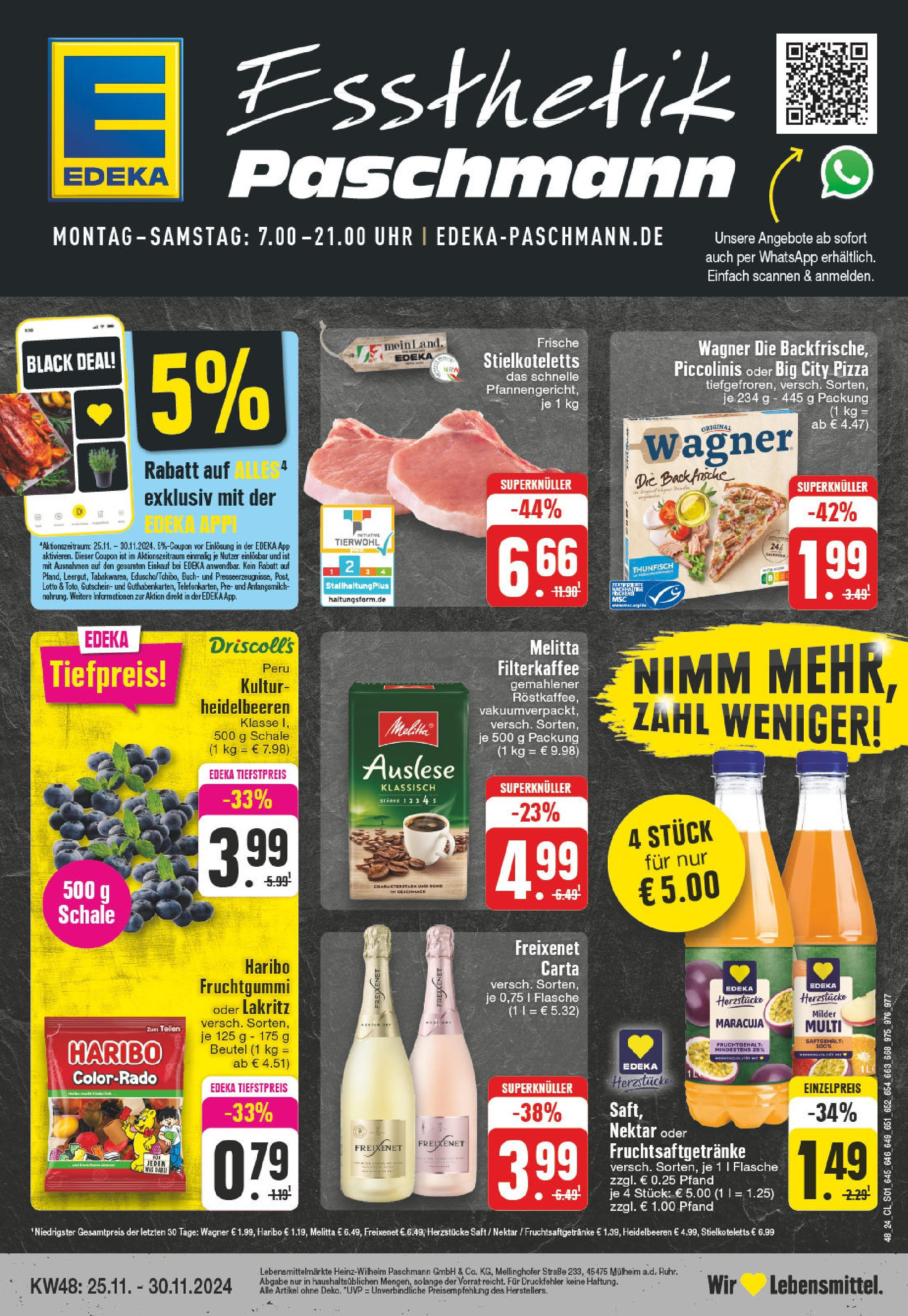 Edeka - Mülheim / Ruhr, Hans-Böckler-Platz 1  (ab 25.11.2024) » Angebote Online | Seite: 1 | Produkte: Melitta, Freixenet, Heidelbeeren, Saft