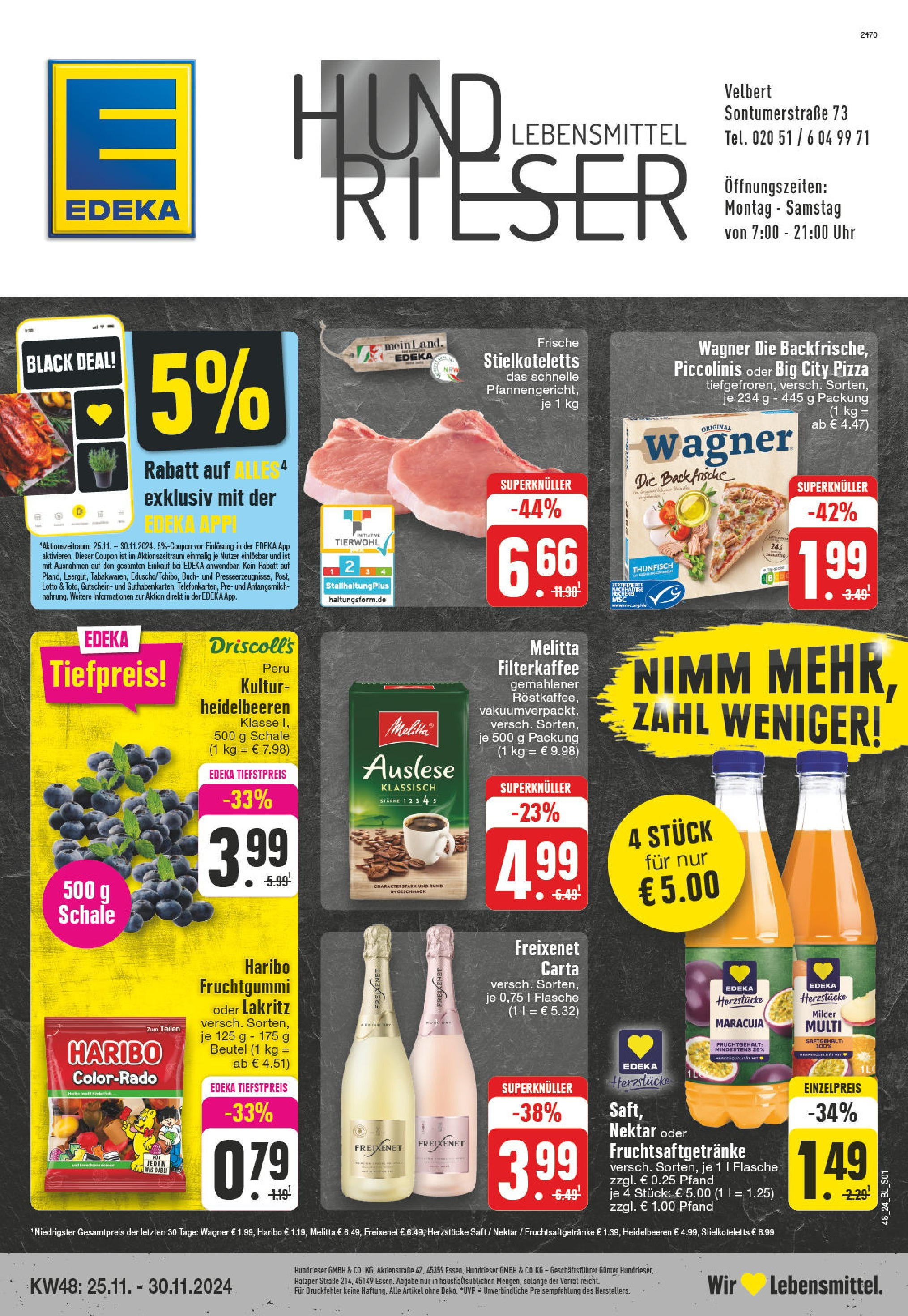 Edeka - Velbert, Sontumer Straße 73  (ab 25.11.2024) » Angebote Online | Seite: 1 | Produkte: Thunfisch, Heidelbeeren, Pizza, Saft