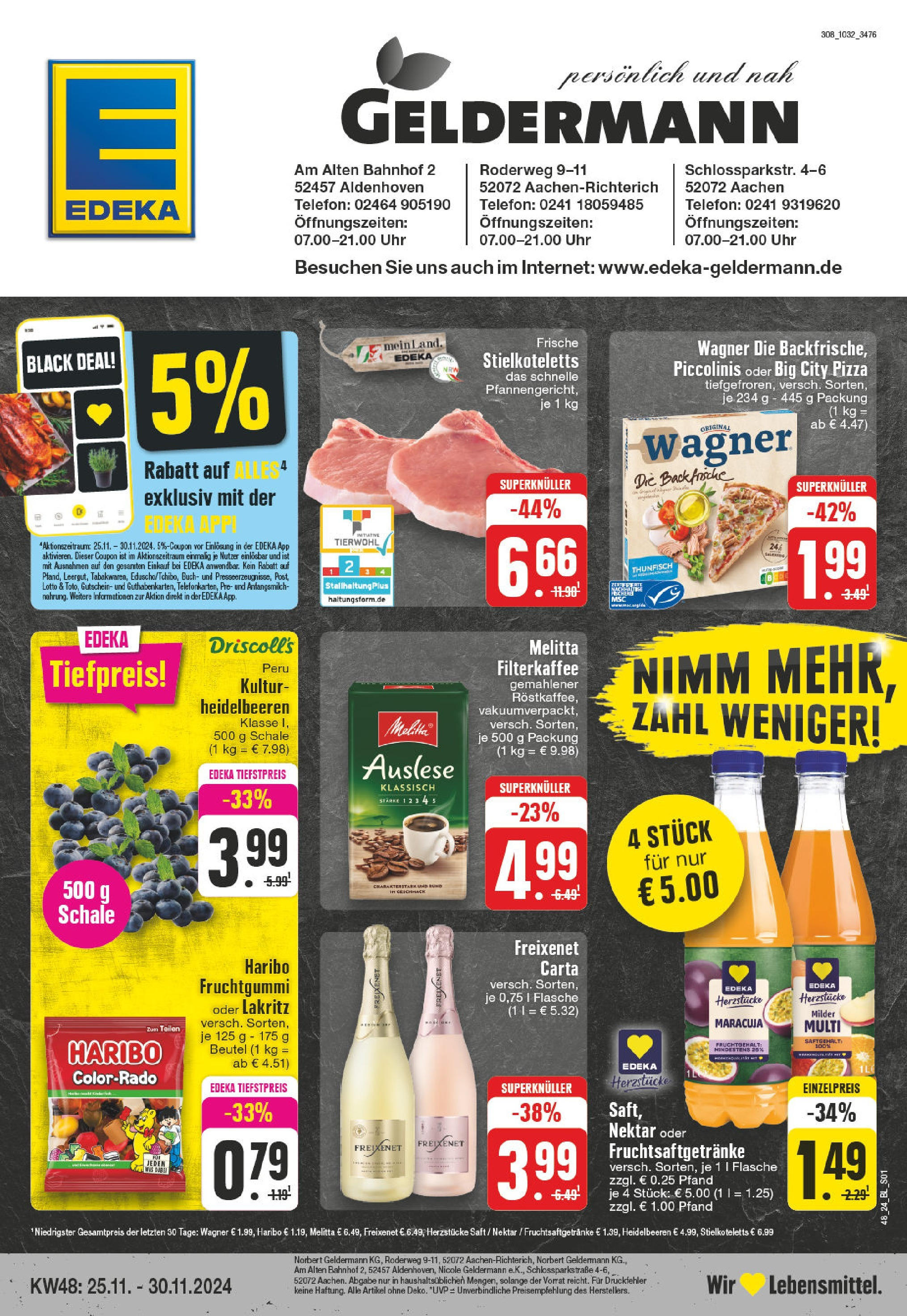 Edeka - Aachen, Roder Weg 9-11  (ab 25.11.2024) » Angebote Online | Seite: 1 | Produkte: Heidelbeeren, Piccolinis, Pizza, Saft