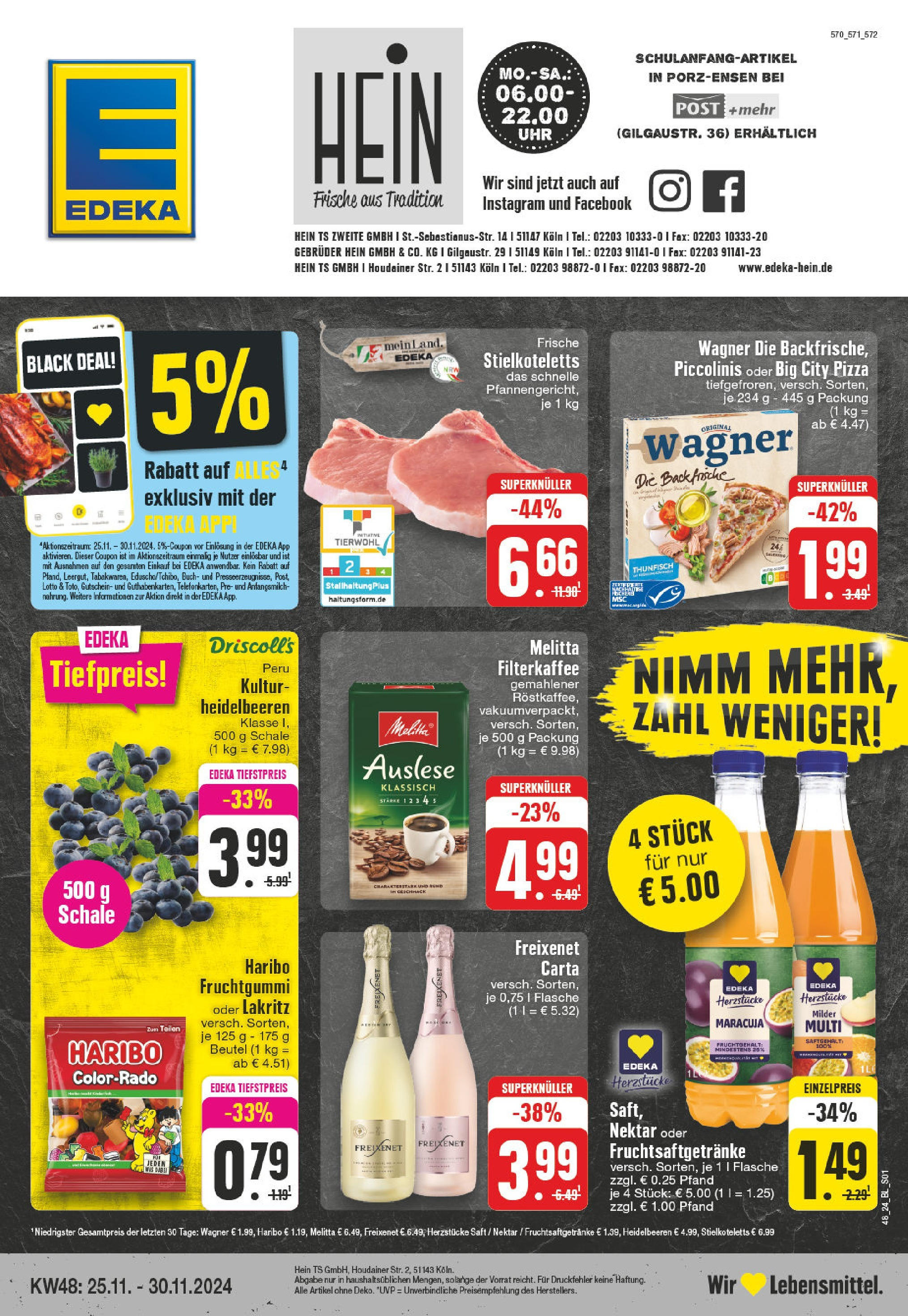 Edeka - Köln, Gilgaustraße 24  (ab 25.11.2024) » Angebote Online | Seite: 1 | Produkte: Melitta, Thunfisch, Heidelbeeren, Pizza