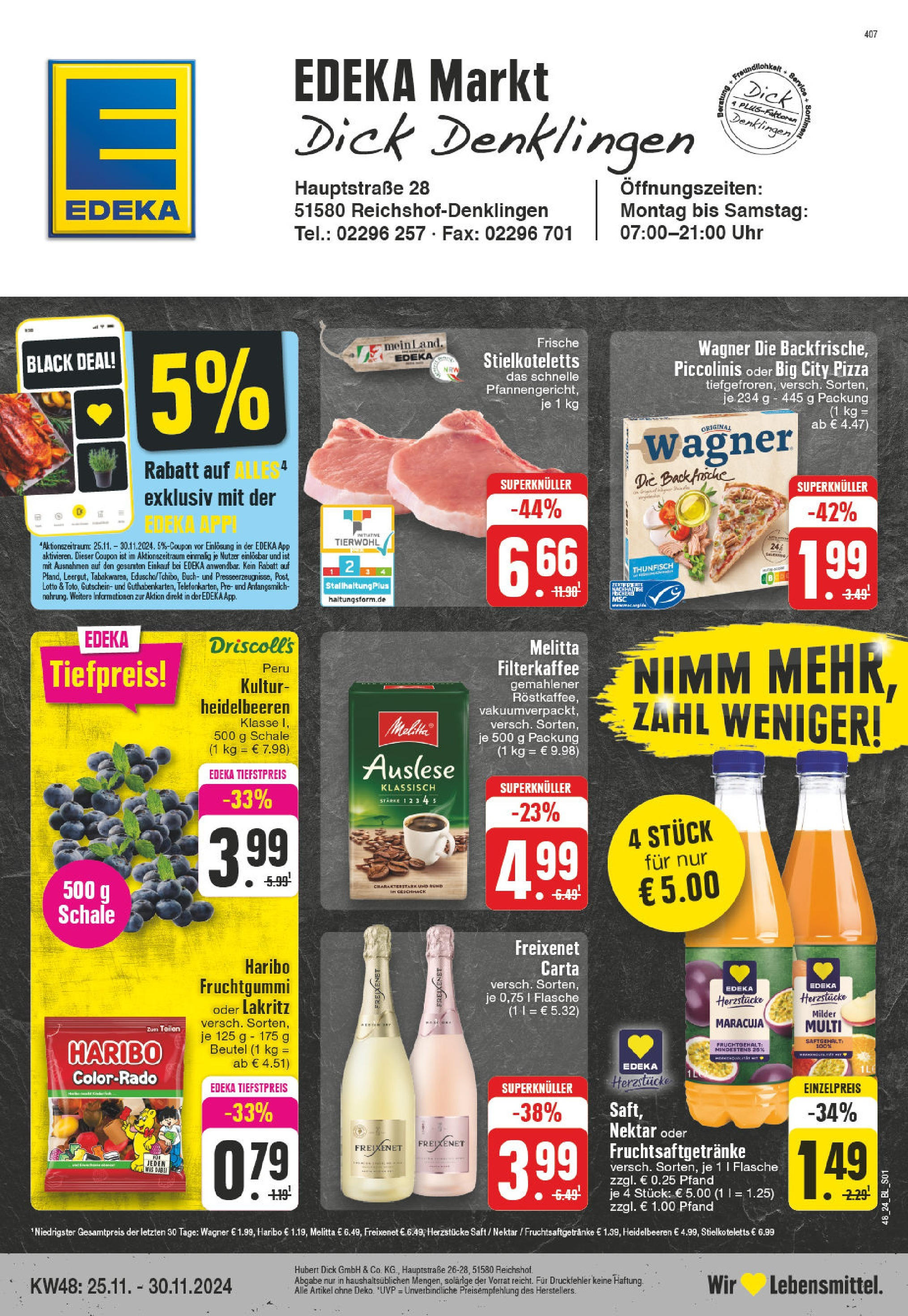 Edeka - Reichshof - Denklingen, Hauptstraße 2  (ab 25.11.2024) » Angebote Online | Seite: 1 | Produkte: Thunfisch, Freixenet, Heidelbeeren, Pizza