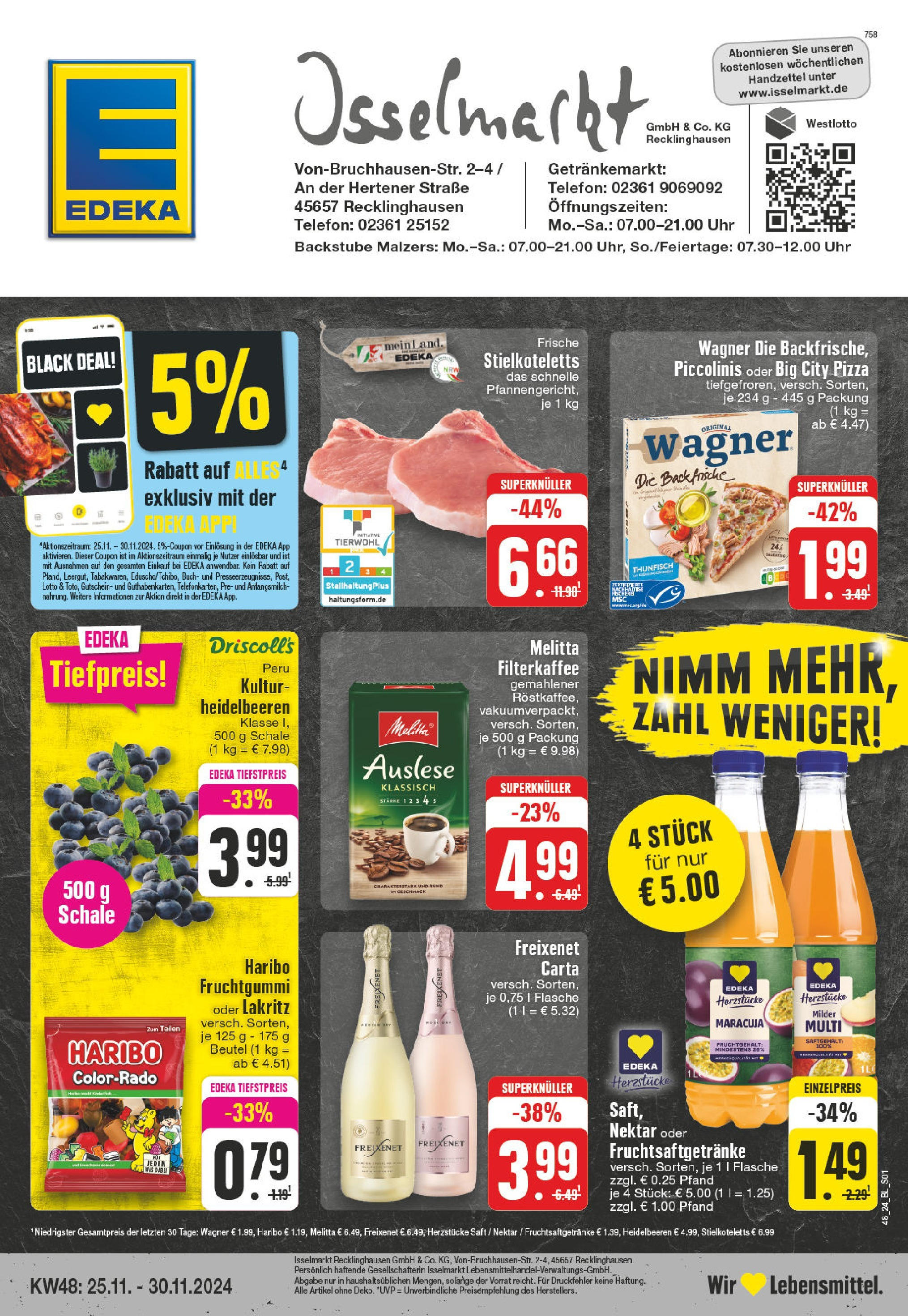 Edeka - Recklinghausen, Von-Bruchhausen-Straße 2  (ab 25.11.2024) » Angebote Online | Seite: 1 | Produkte: Melitta, Thunfisch, Heidelbeeren, Telefon