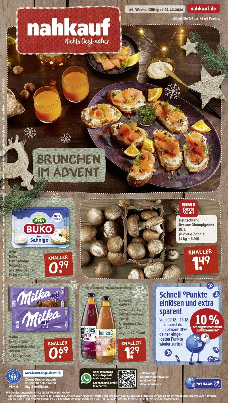 Rewe - Sömmerda, Gutsmuthsplatz 1 (ab 02.12.2024) zum Blättern » Angebote | Seite: 1 | Produkte: Schokolade, Milka, Champignons, Hohes c