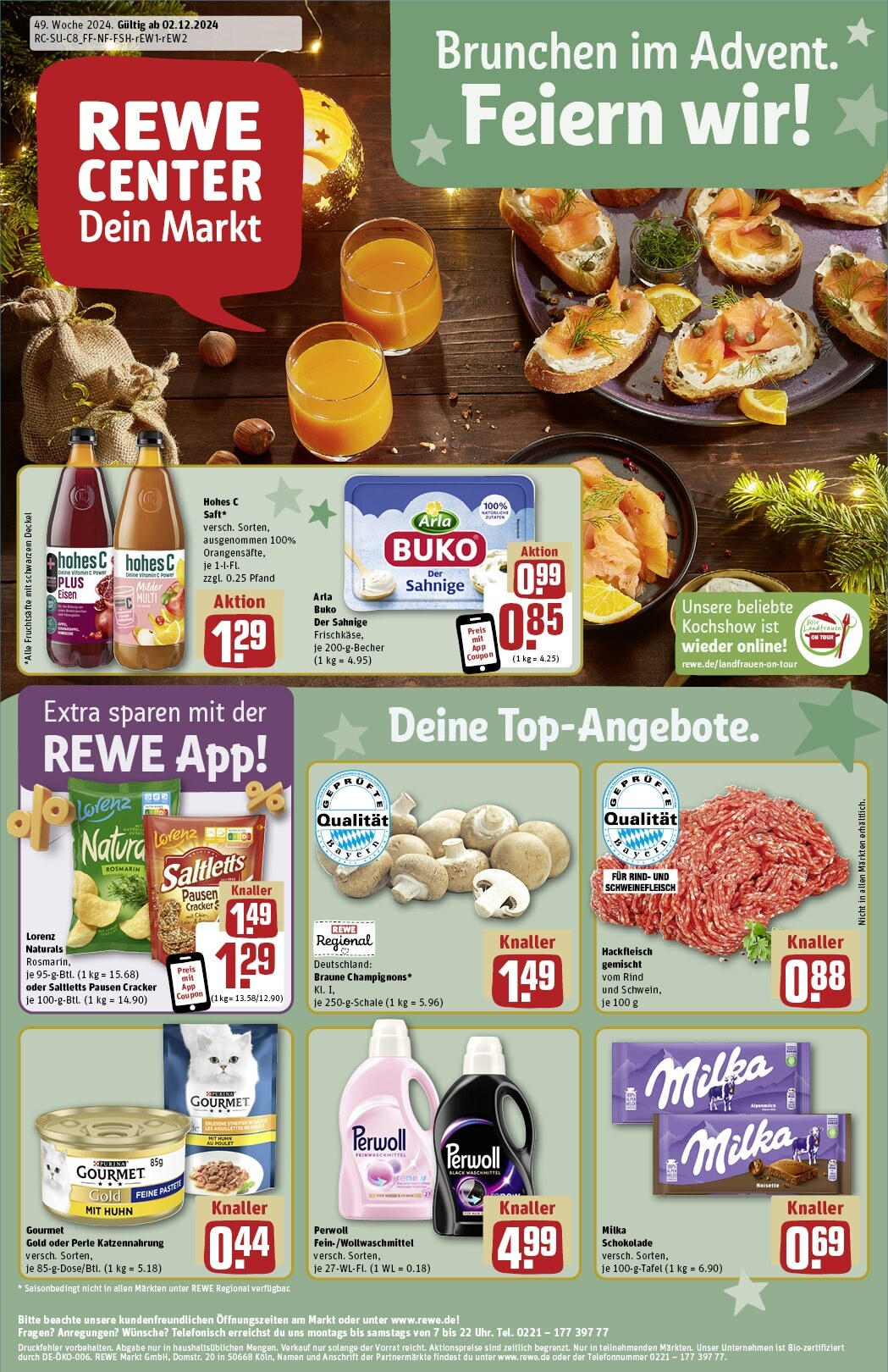 Rewe - Pegnitz, Nürnberger Straße, e 20 (ab 02.12.2024) zum Blättern » Angebote | Seite: 1 | Produkte: Arla buko, Hohes c, Schweinefleisch, Hackfleisch