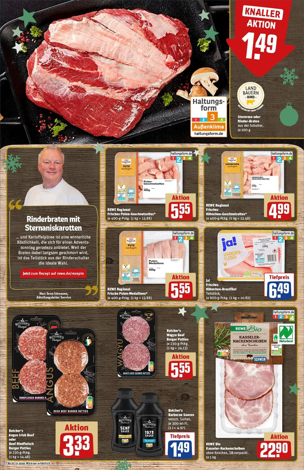 Rewe - Pegnitz, Nürnberger Straße, e 20 (ab 02.12.2024) zum Blättern » Angebote | Seite: 8 | Produkte: Rinderbraten, Hahnchen, Burger, Fleisch