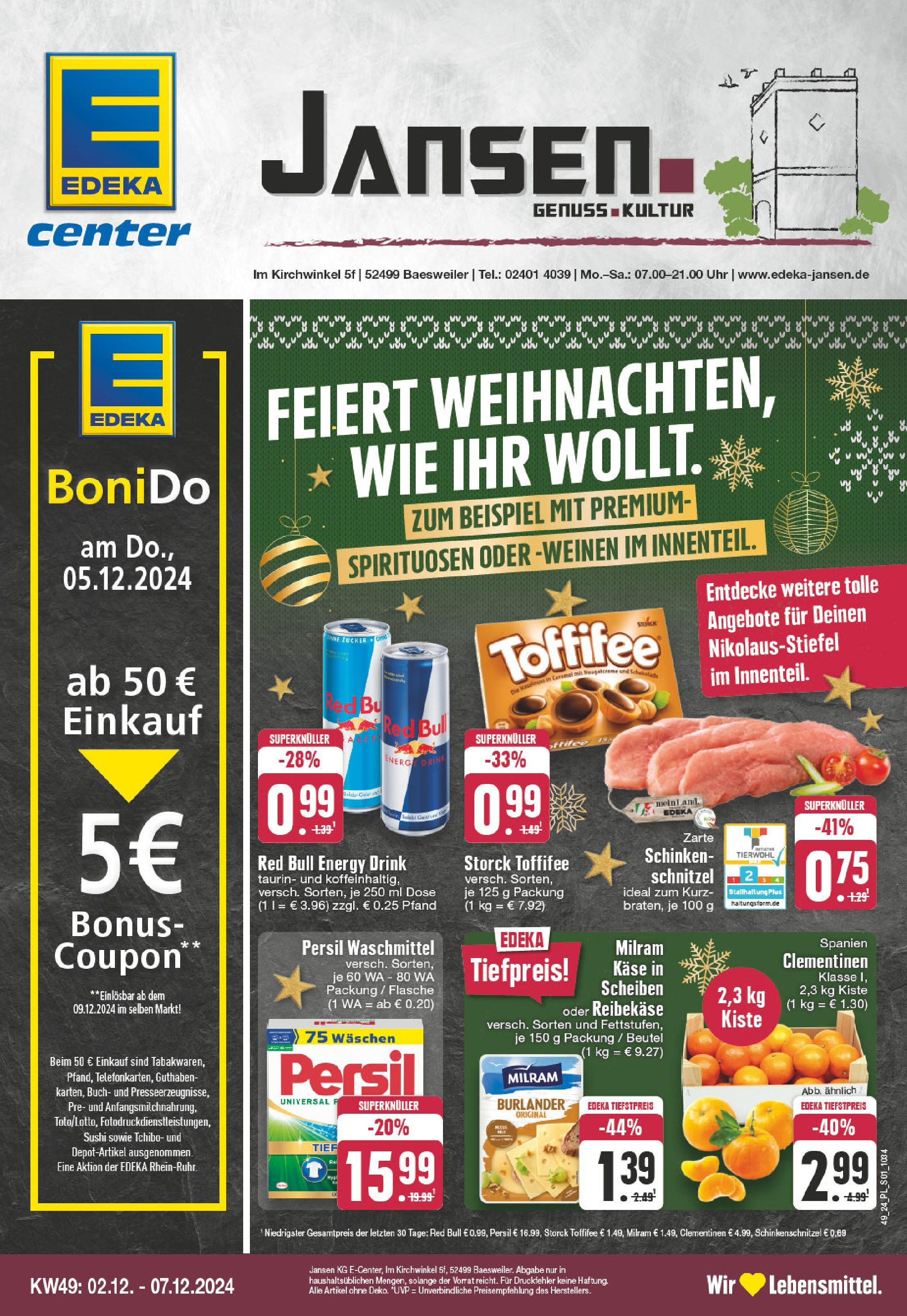 E center Prospekt Baesweiler, Im Kirchwinkel 5f (ab 01.12.2024) » Angebote Online | Seite: 1 | Produkte: Energy, Schnitzel, Milram, Reibekase