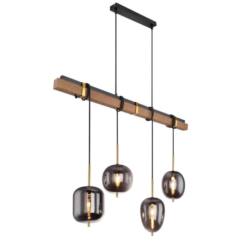 GLOBO Pendelleuchte BLACKY 15345-4H schwarz braun Metall Holz Rauchglas B/H/T: ca. 100x140x18,5 cm