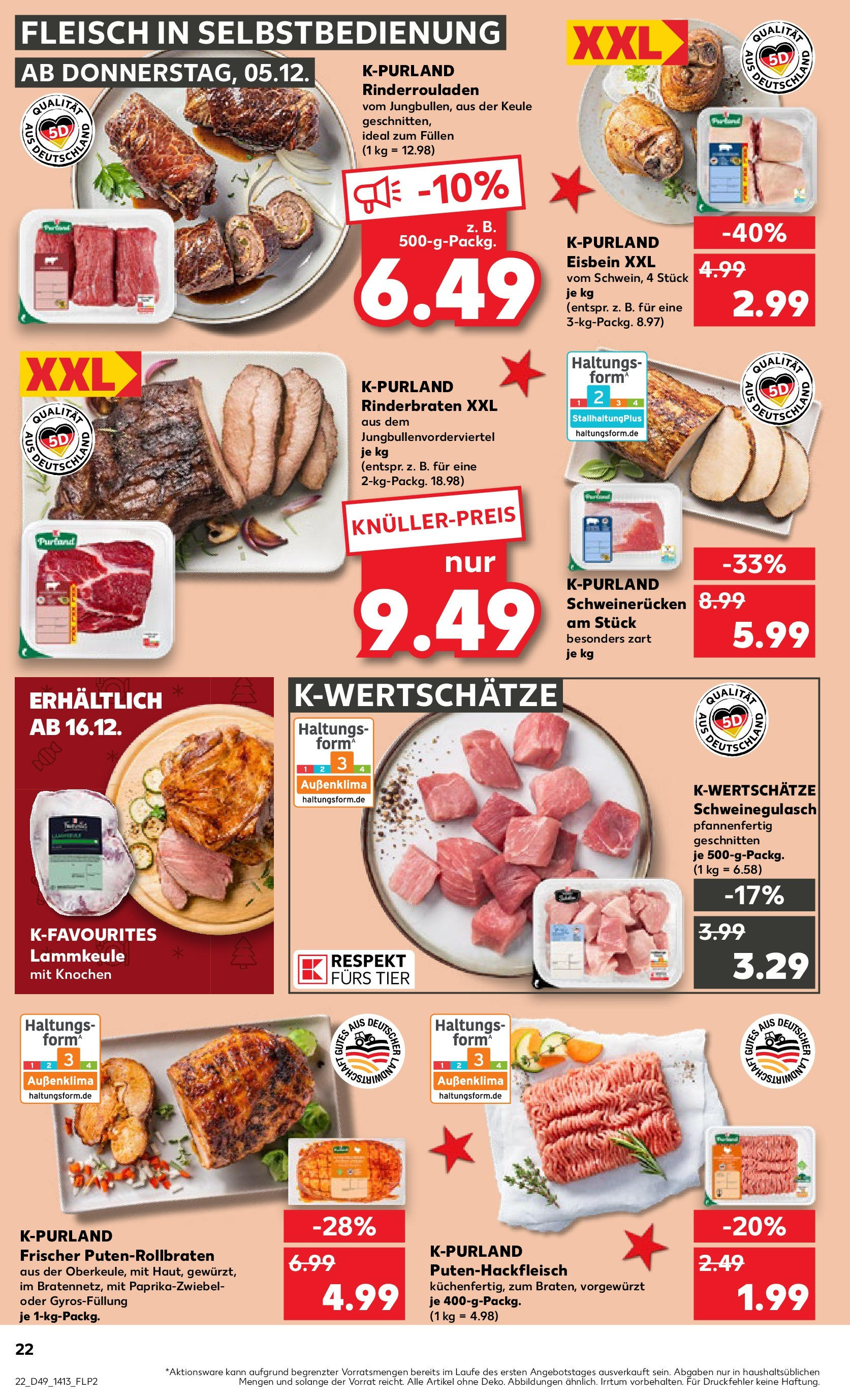 Kaufland - Kaufland: Wochenangebote (ab 04.12.2024) » Angebote Online zum Blättern | Seite: 22 | Produkte: Rinderrouladen, Schweinegulasch, Schweinerucken, Fleisch