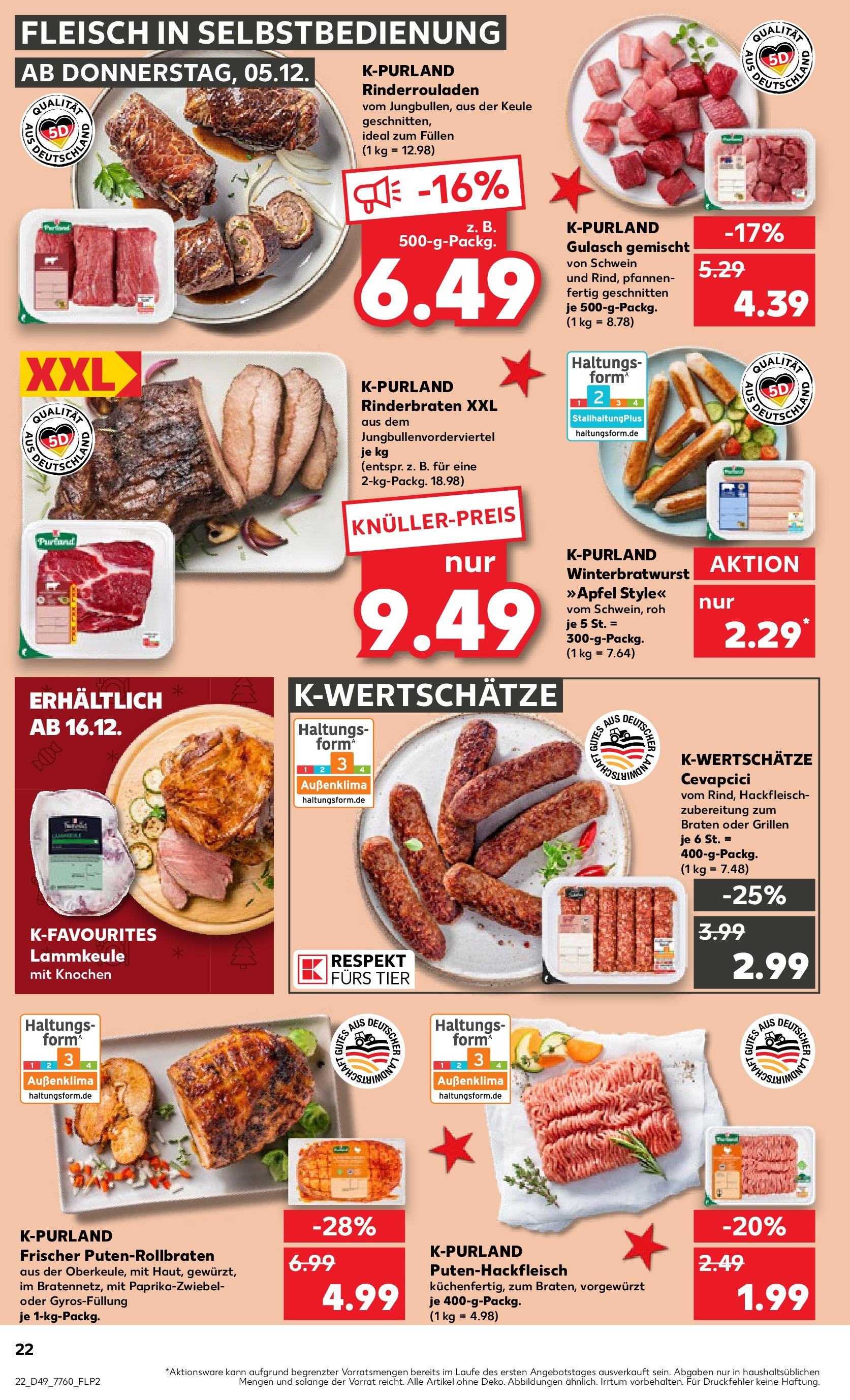 Kaufland - Unterschleißheim, Andreas-Danzer-Weg 2 (ab 05.12.2024) » Angebote Online zum Blättern | Seite: 22 | Produkte: Rinderbraten, Lammkeule, Gulasch, Fleisch