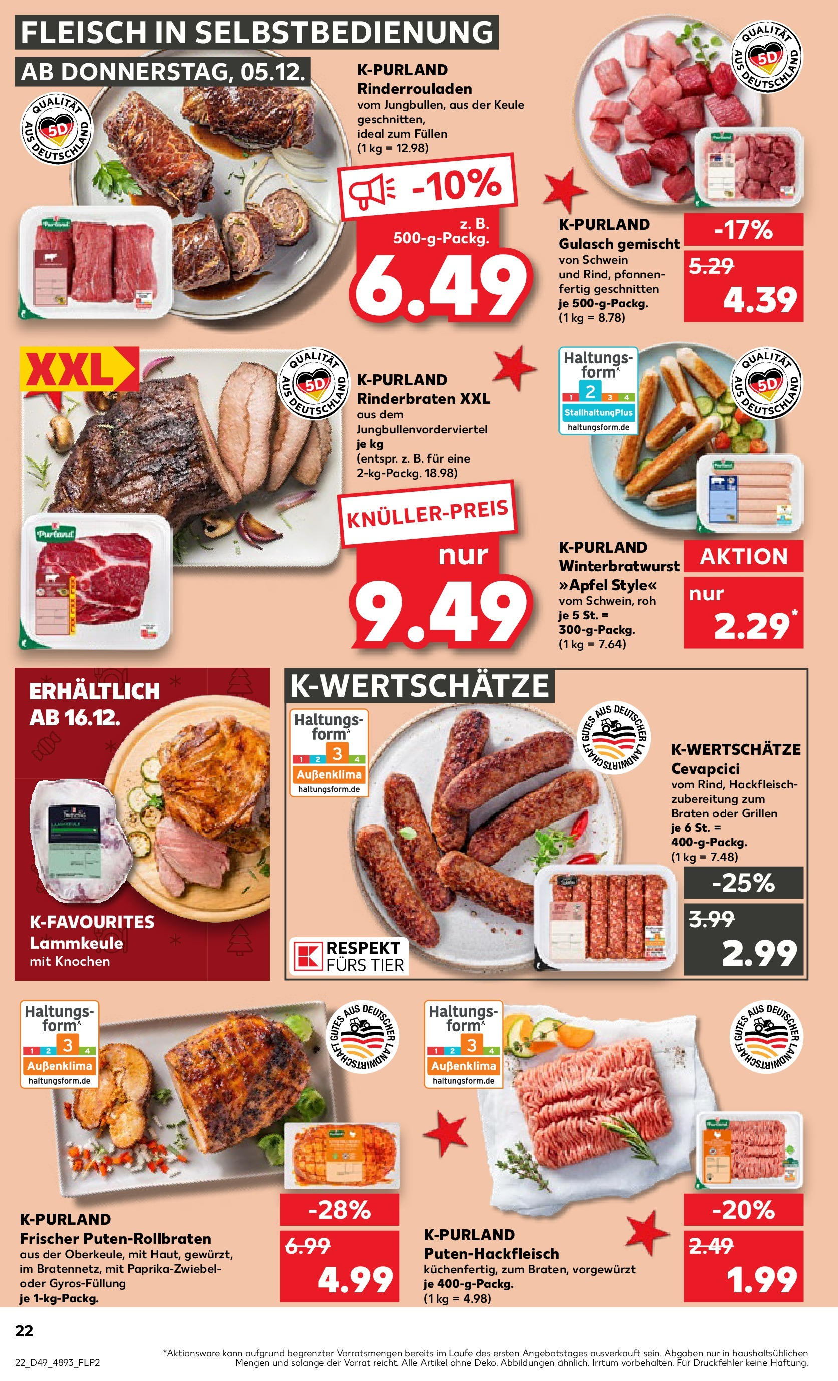 Kaufland - Kaufland: Wochenangebote (ab 04.12.2024) » Angebote Online zum Blättern | Seite: 22 | Produkte: Rinderrouladen, Lammkeule, Gulasch, Fleisch