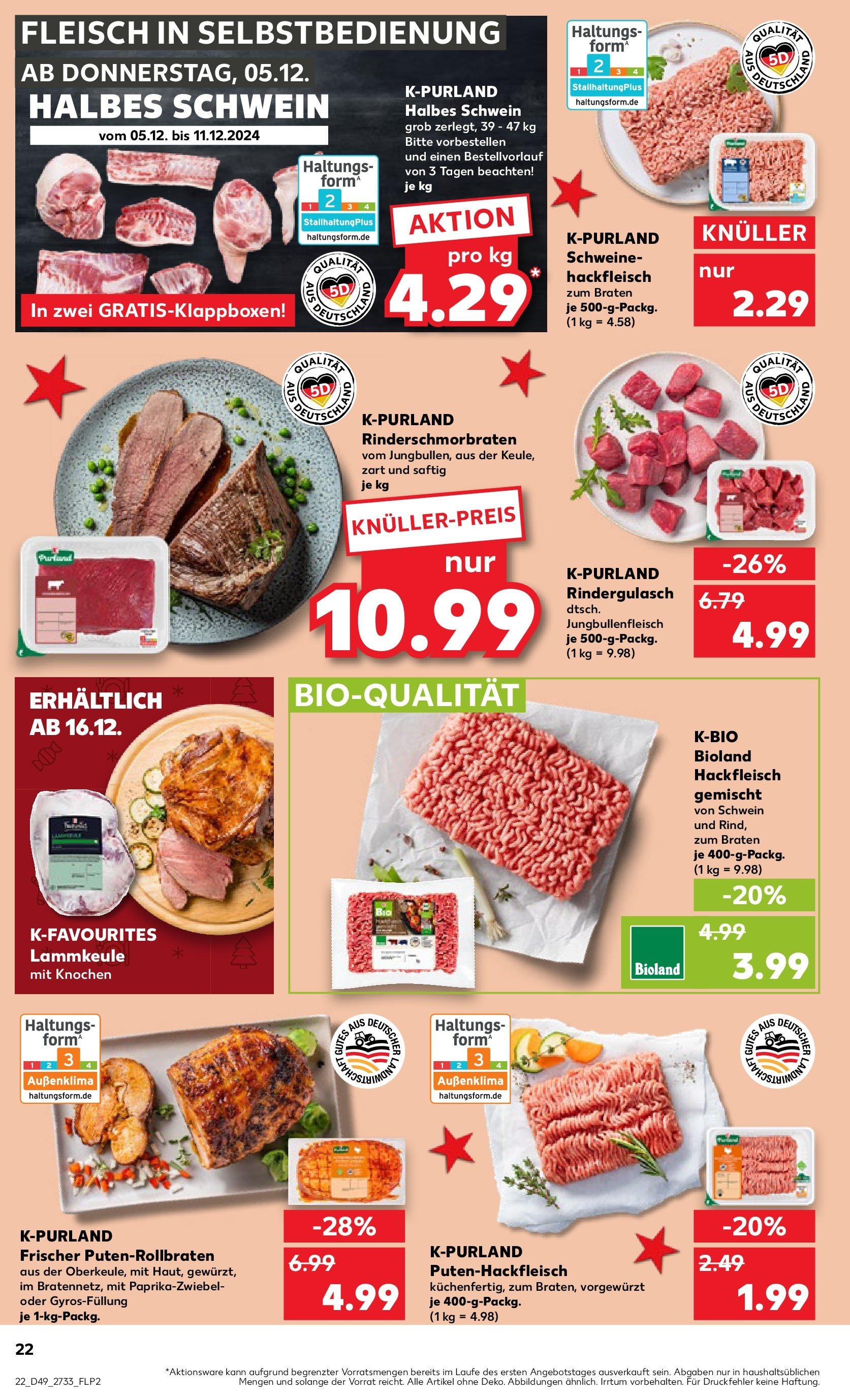 Kaufland - Kaufland: Wochenangebote (ab 04.12.2024) » Angebote Online zum Blättern | Seite: 22 | Produkte: Lammkeule, Rindergulasch, Fleisch, Hackfleisch