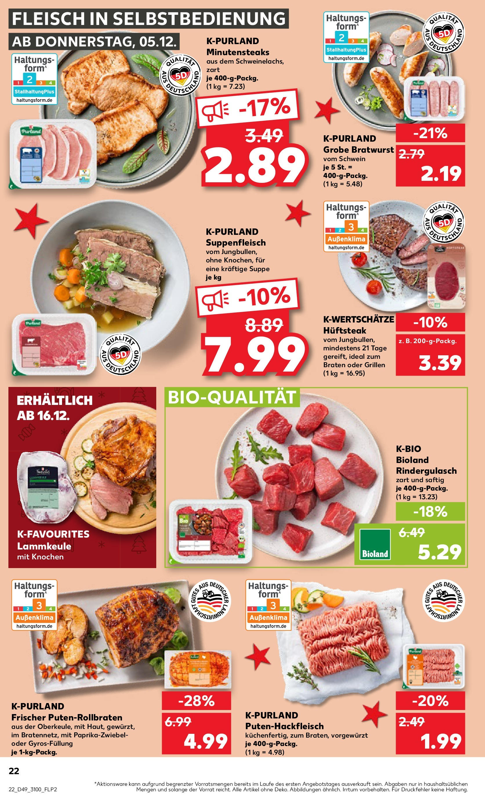 Kaufland - Taucha, Portitzer Straße 34 (ab 05.12.2024) » Angebote Online zum Blättern | Seite: 22 | Produkte: Lammkeule, Rindergulasch, Bratwurst, Suppenfleisch