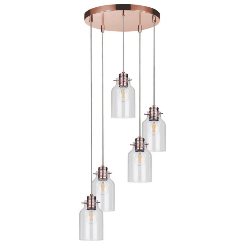 SPOT Light Pendelleuchte Alessandro 1760513 Kupfer transparent Metall Glas H/D: ca. 105x48 cm E27 5 Brennstellen