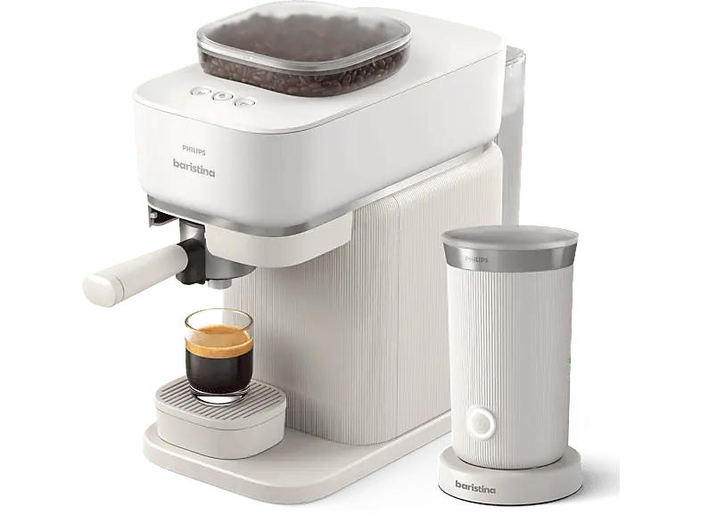 Philips bar303/00 Baristina Espressomaschine mit Milchaufschäumer (Weiß, Mahlwerk aus Keramik, 1550 Watt, 16 bar)