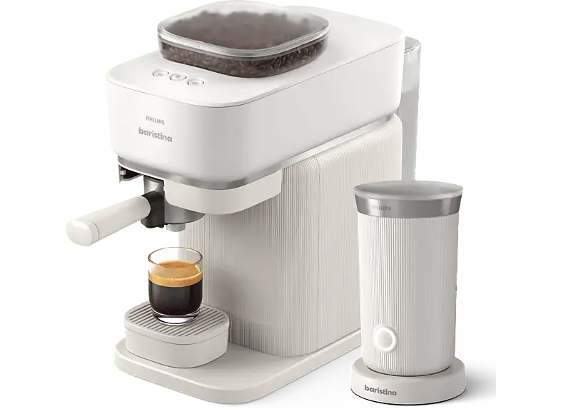 Philips bar303/00 Baristina Espressomaschine mit Milchaufschäumer (Weiß, Mahlwerk aus Keramik, 1550 Watt, 16 bar)