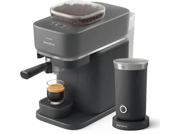 Philips bar303/60 Baristina Espressomaschine mit Milchaufschäumer (Grau, Mahlwerk aus Keramik, 1550 Watt, 16 bar)