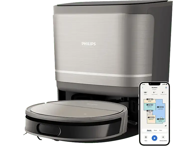 Philips XU9100/10 HomeRun 9000 Series Aqua mit Wischfunktion und App, Hindernissenerkennung, Saugroboter (Metallic/Schwarz, Laufzeit: 280 Min., 66 dB(A))