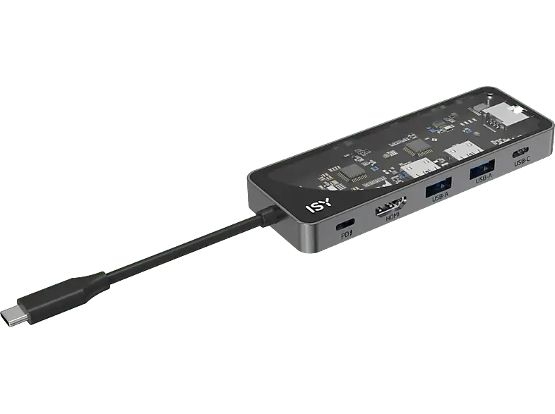 ISY IAD 1024-2 Multiport Adapter, USB-C 3.1, Gb-LAN, HDMI 2.0, 4K60p, Aluminium, Transparent/Silber