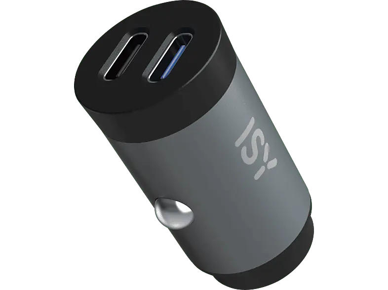 ISY Power Delivery Mini Auto-Ladegerät ICC-5030-AC Universal 32 Watt, 2x USB-C, Grau/Schwarz; Kfz-Ladegerät