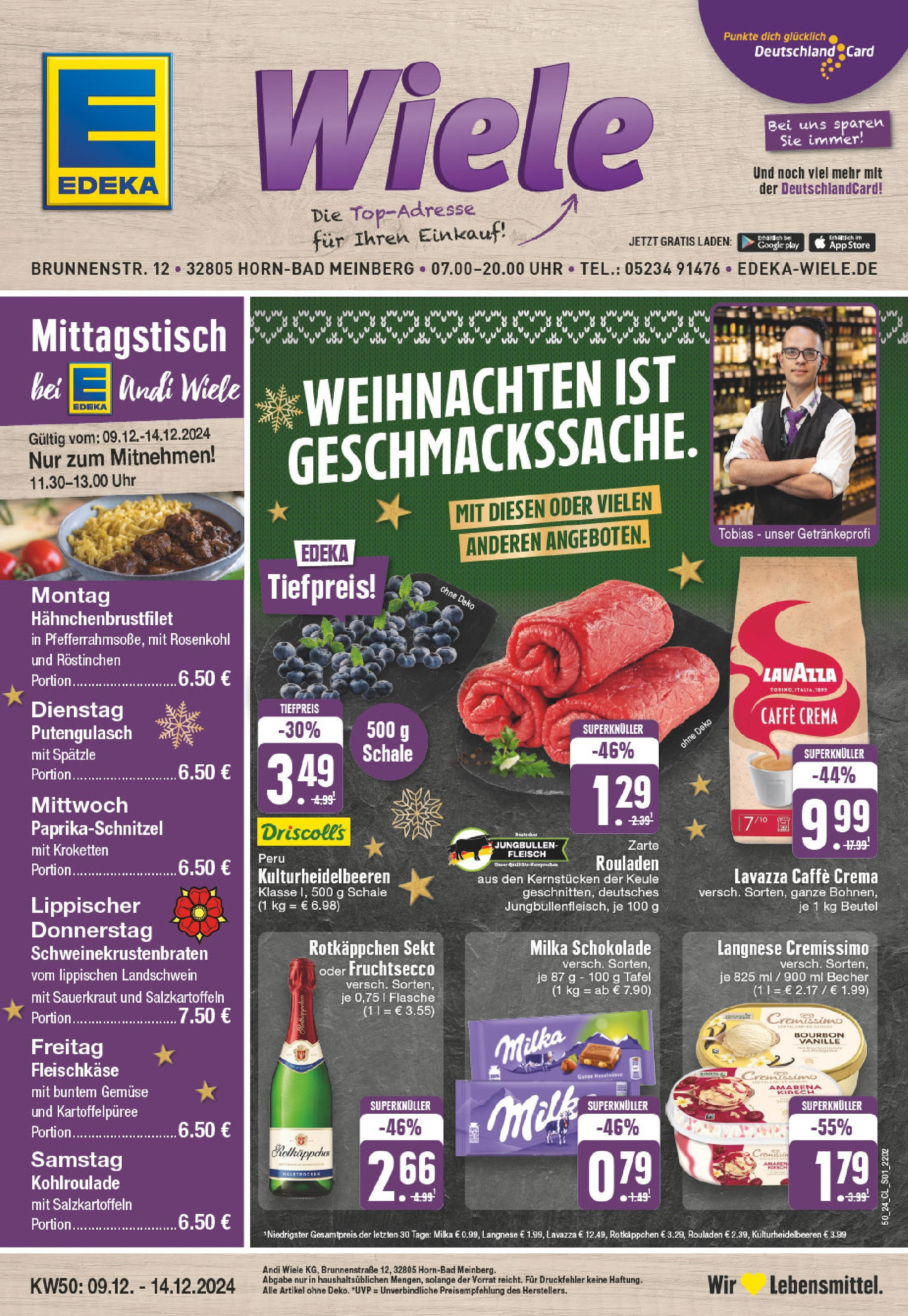 Edeka - Horn-Bad Meinberg, Brunnenstraße 1  (ab 09.12.2024) » Angebote Online | Seite: 1 | Produkte: Lavazza, Milka schokolade, Rotkäppchen, Bourbon