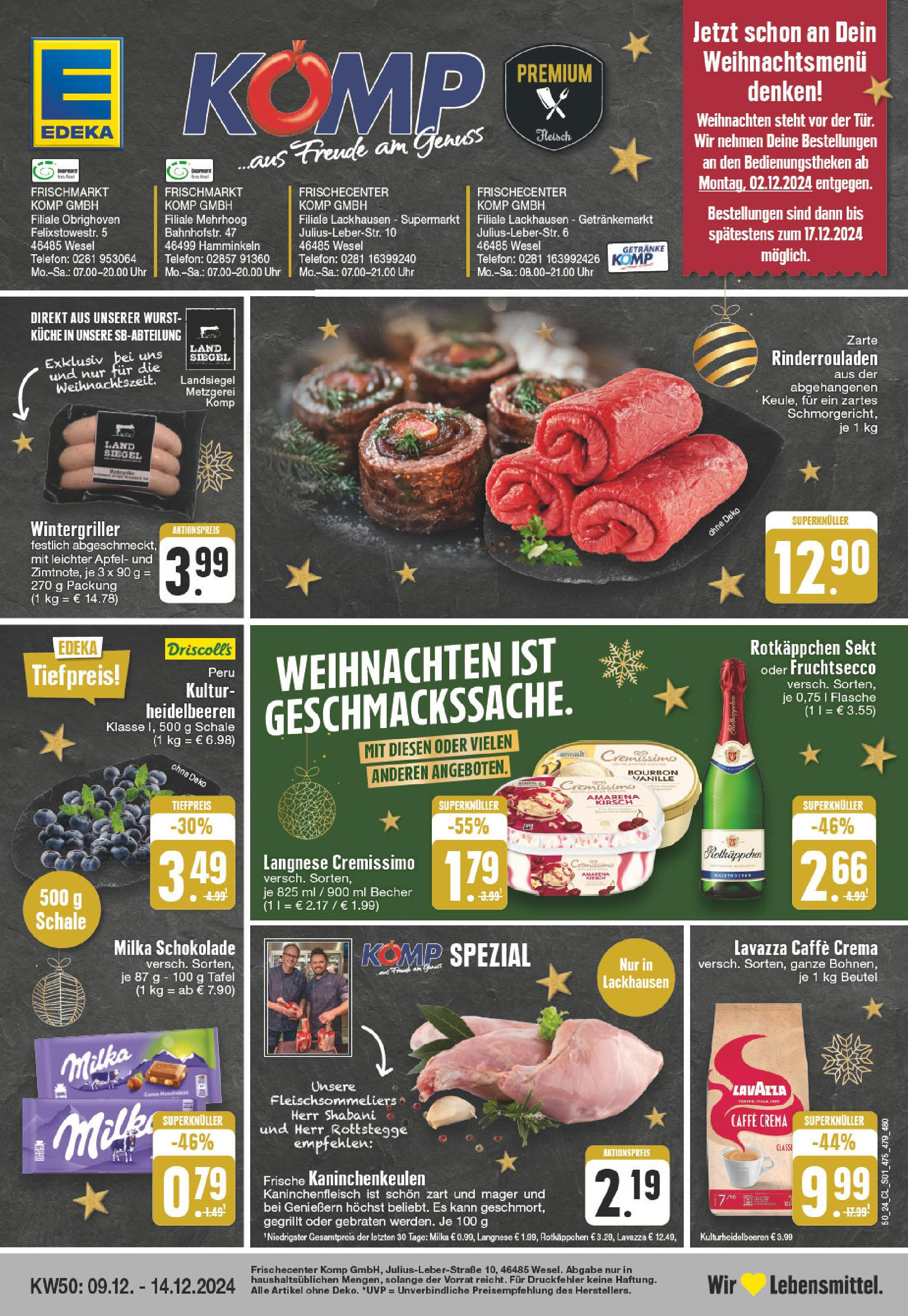 Edeka - Wesel-Lackhausen, Julius-Leber-Straße 1  (ab 09.12.2024) » Angebote Online | Seite: 1 | Produkte: Rinderrouladen, Heidelbeeren, Bourbon, Fleisch