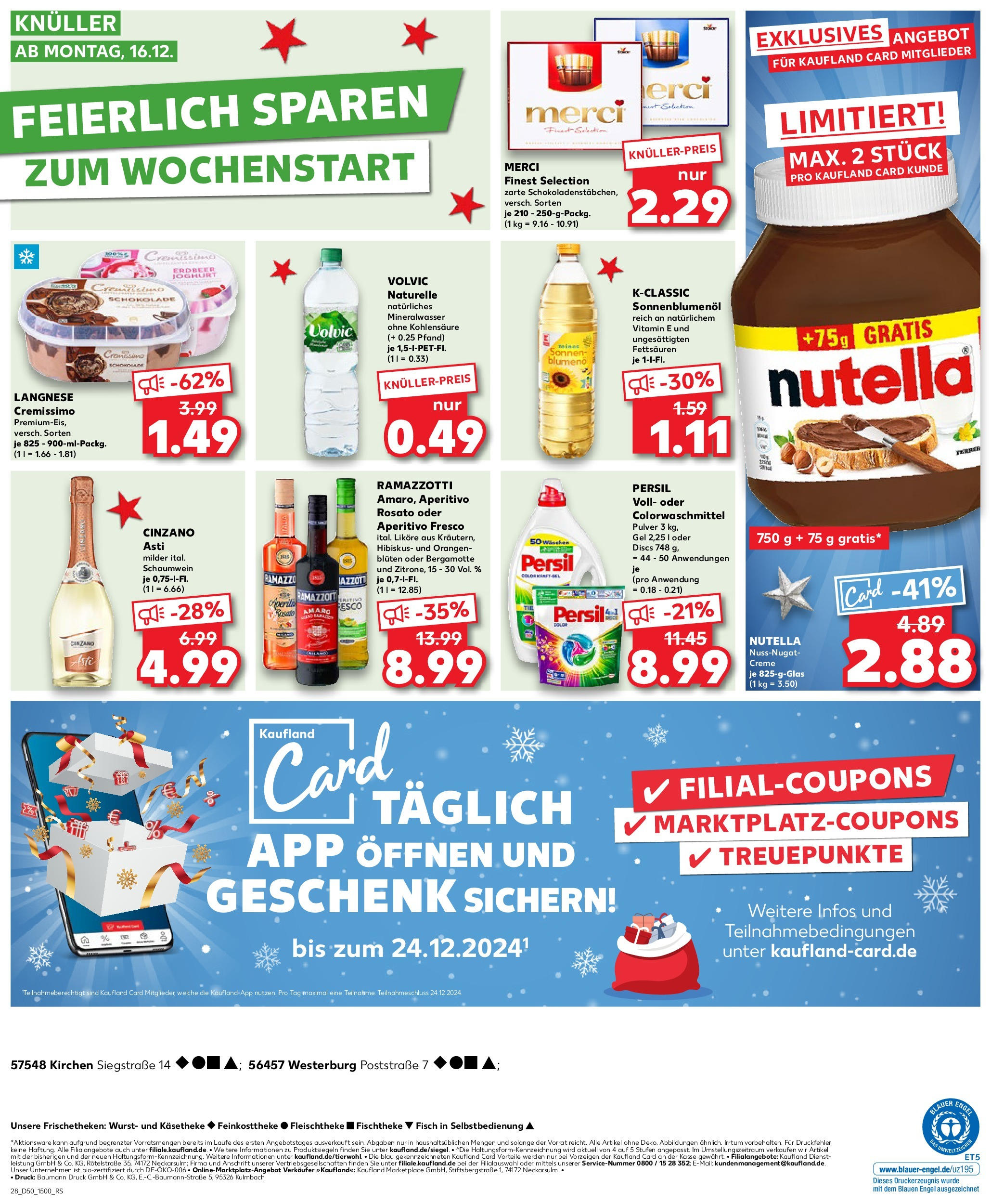 Kaufland - Kaufland: Wochenangebote (ab 11.12.2024) » Angebote Online zum Blättern | Seite: 28 | Produkte: Merci, Langnese, Mineralwasser, Volvic