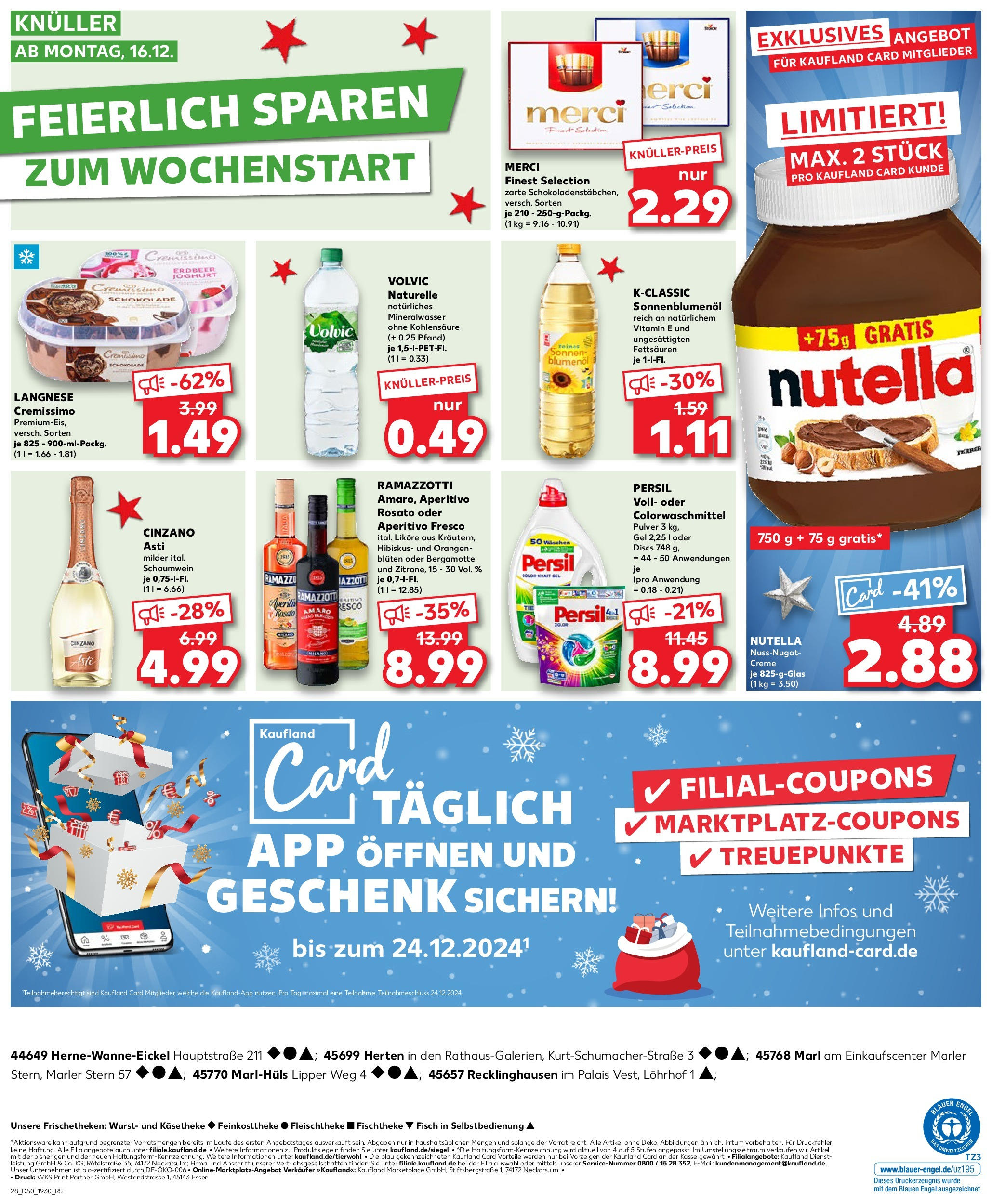 Kaufland - Kaufland: Wochenangebote (ab 11.12.2024) » Angebote Online zum Blättern | Seite: 28 | Produkte: Merci, Langnese cremissimo, Volvic, Ramazzotti