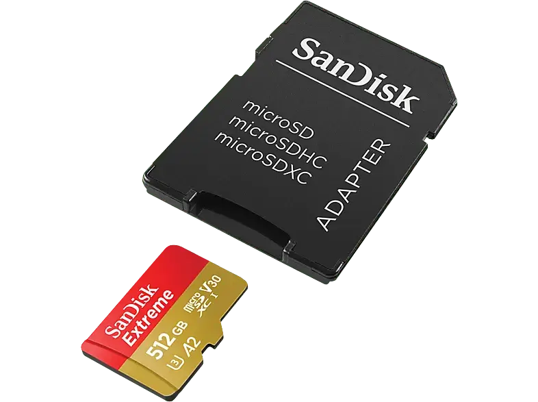 SandISK 512GB Extreme microSDXC Karte + SD-Adapter RescuePro Deluxe bis zu 190 MB/s mit App-Performance A2 UHS-I Class 10 U3 V30; Speicherkarte