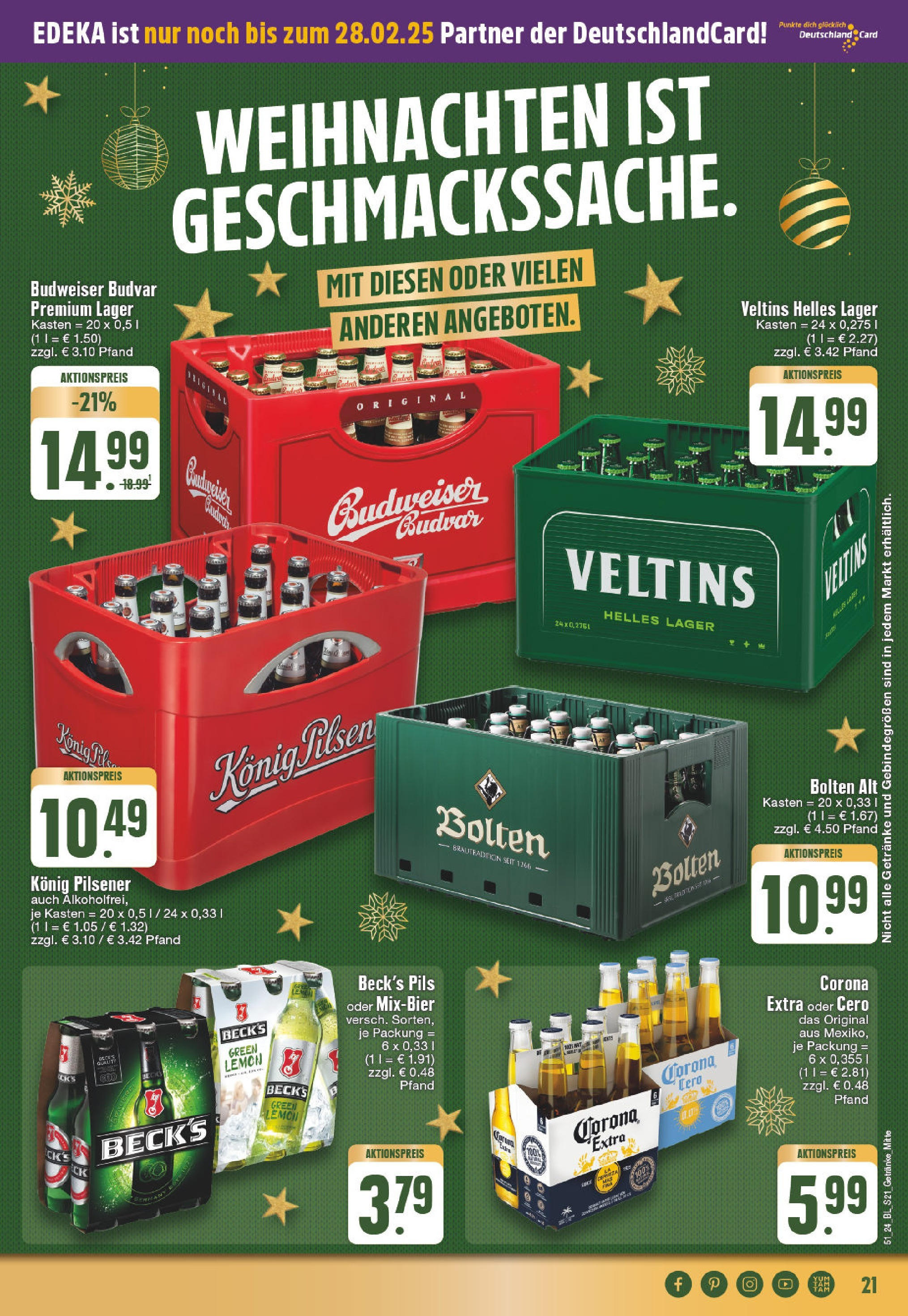 Edeka - EDEKA: Wochenangebote (ab 15.12.2024) » Angebote Online | Seite: 21 | Produkte: Konig pilsener, Pils, Budweiser, Veltins