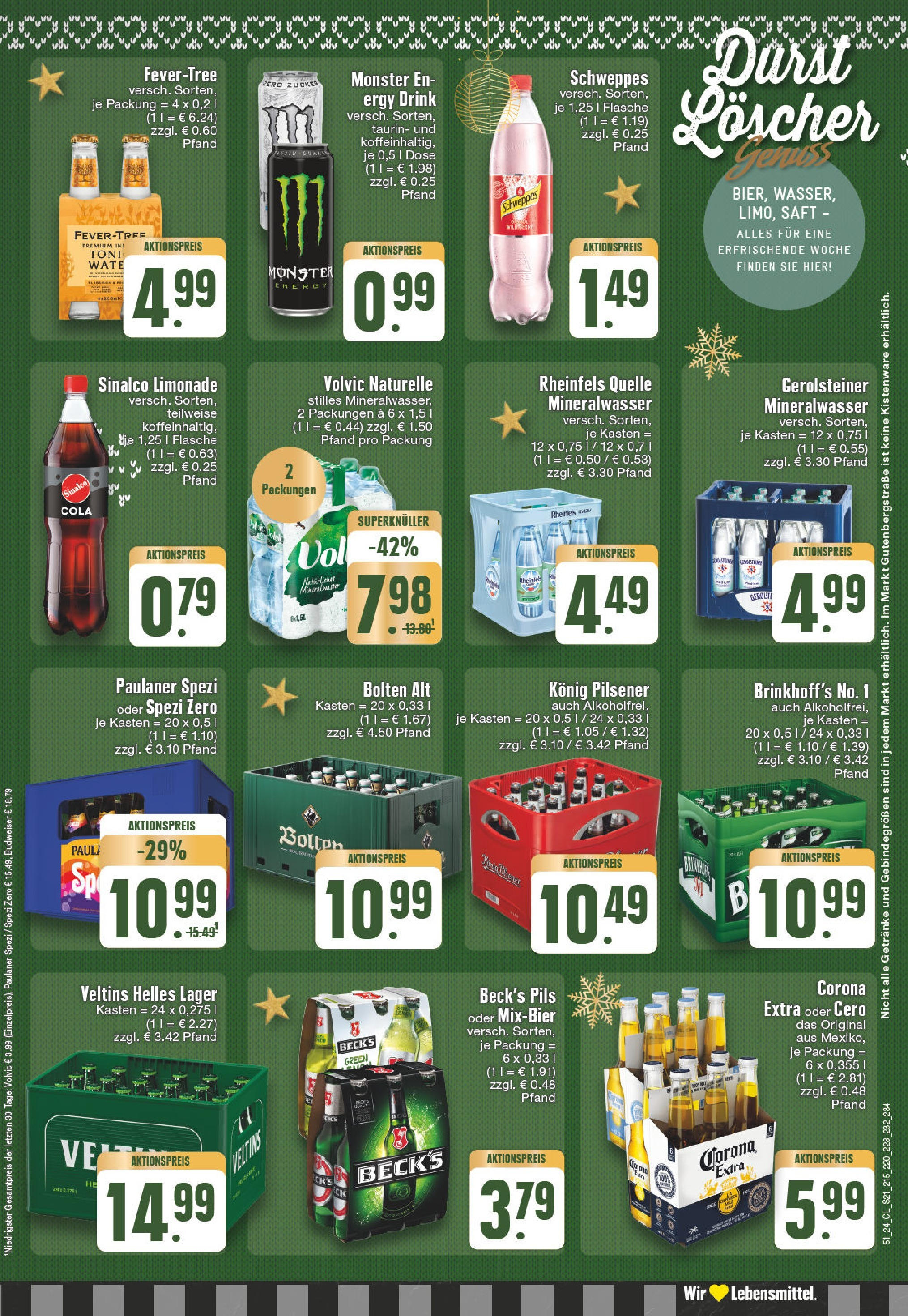 Edeka - E center: Wochenangebote (ab 15.12.2024) » Angebote Online | Seite: 21 | Produkte: Sinalco, Monster, Budweiser, Volvic