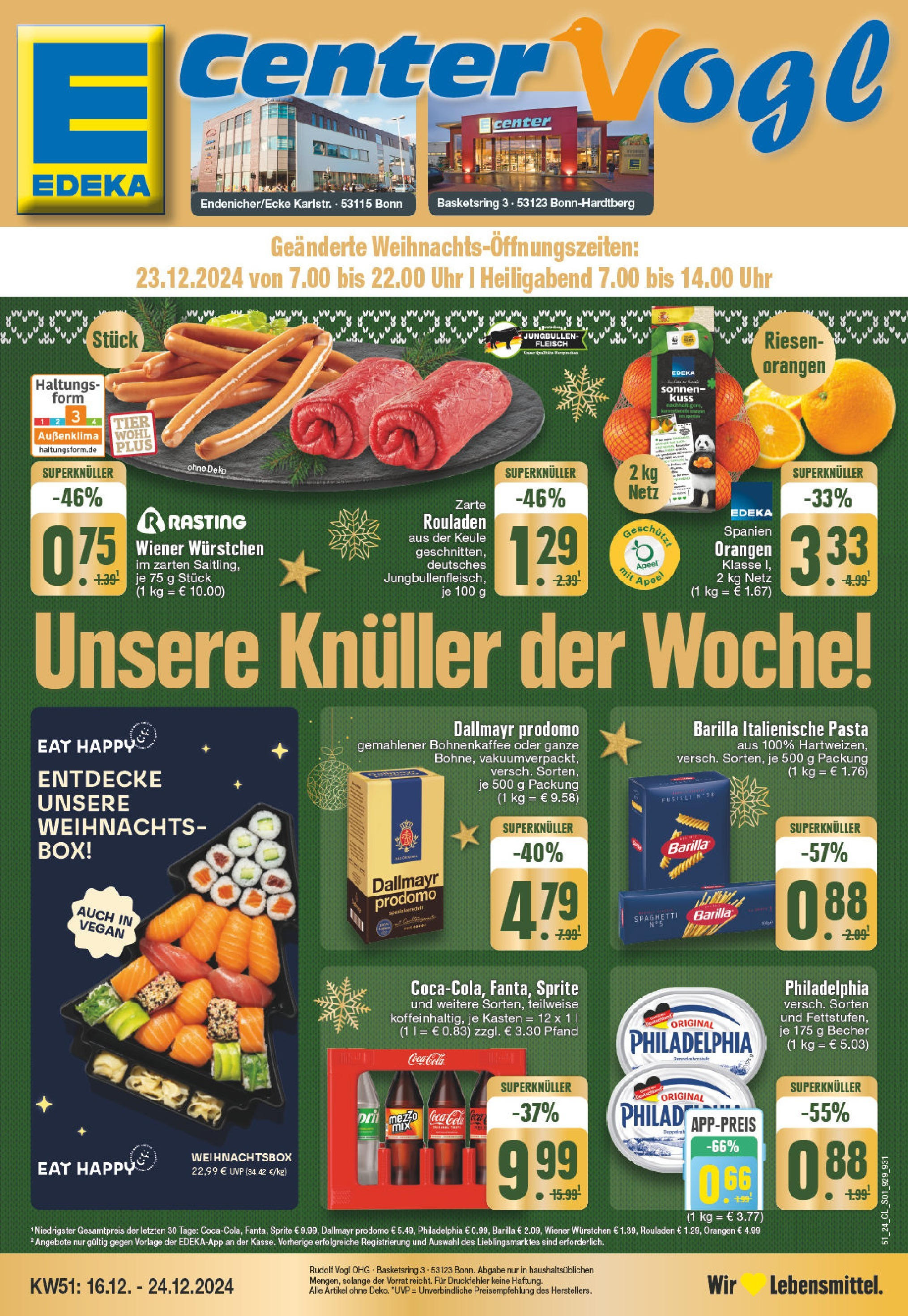 Edeka - E center: Wochenangebote (ab 15.12.2024) » Angebote Online | Seite: 1 | Produkte: Wiener wurstchen, Cola, Orangen, Uhr