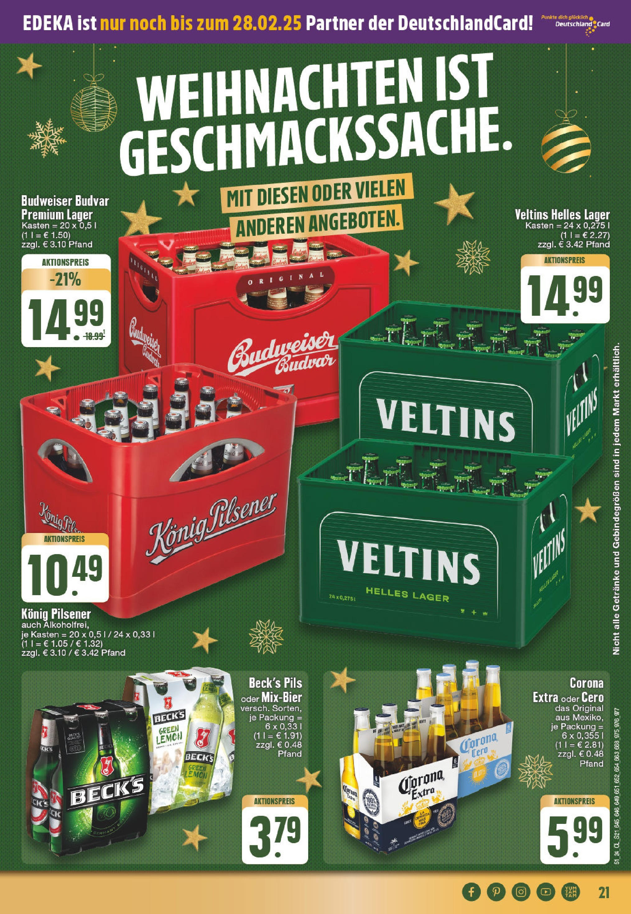 Edeka - EDEKA: Wochenangebote (ab 15.12.2024) » Angebote Online | Seite: 21 | Produkte: Konig pilsener, Pils, Budweiser, Veltins