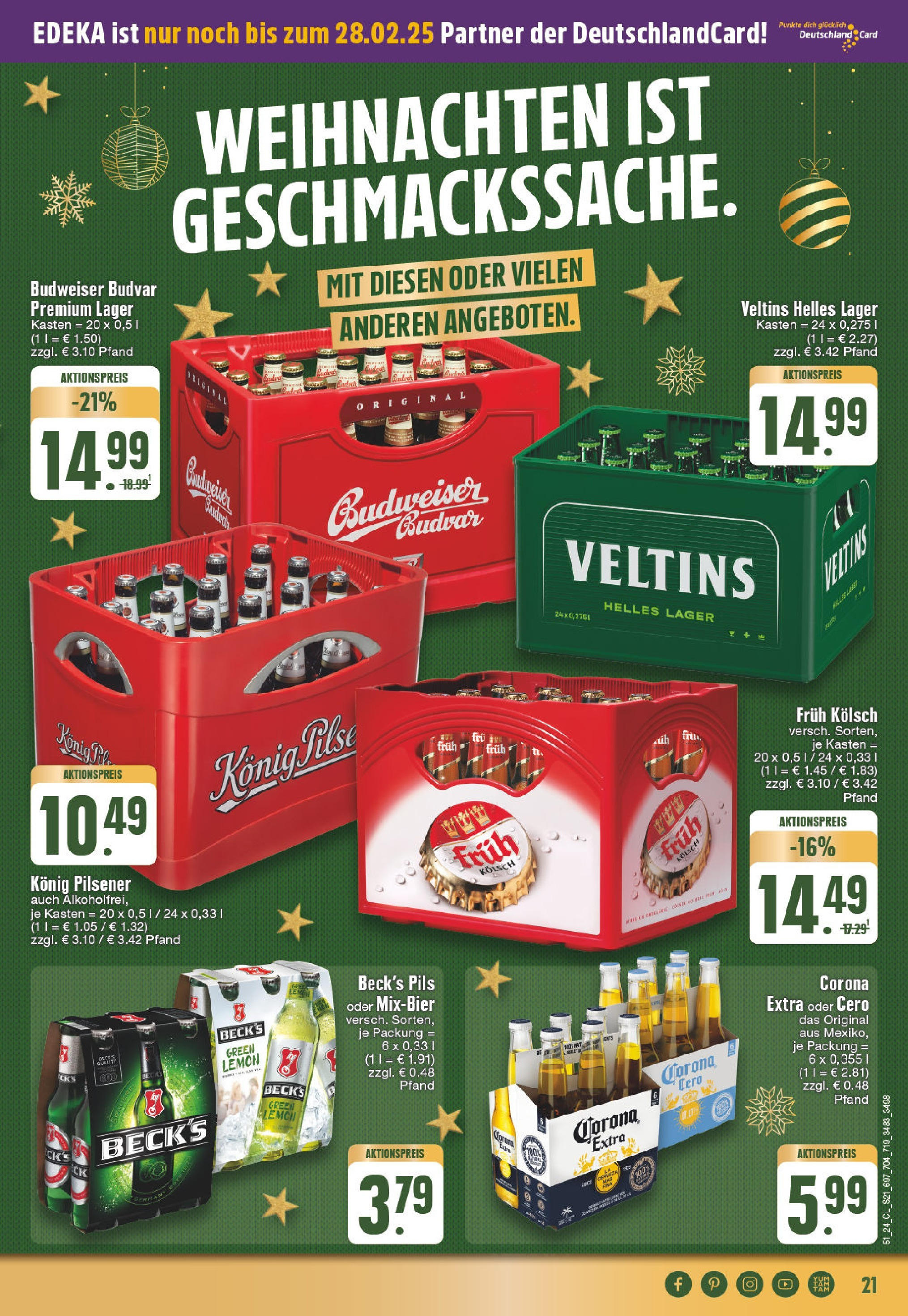 Edeka - EDEKA: Wochenangebote (ab 15.12.2024) » Angebote Online | Seite: 21 | Produkte: Konig pilsener, Pils, Budweiser, Veltins