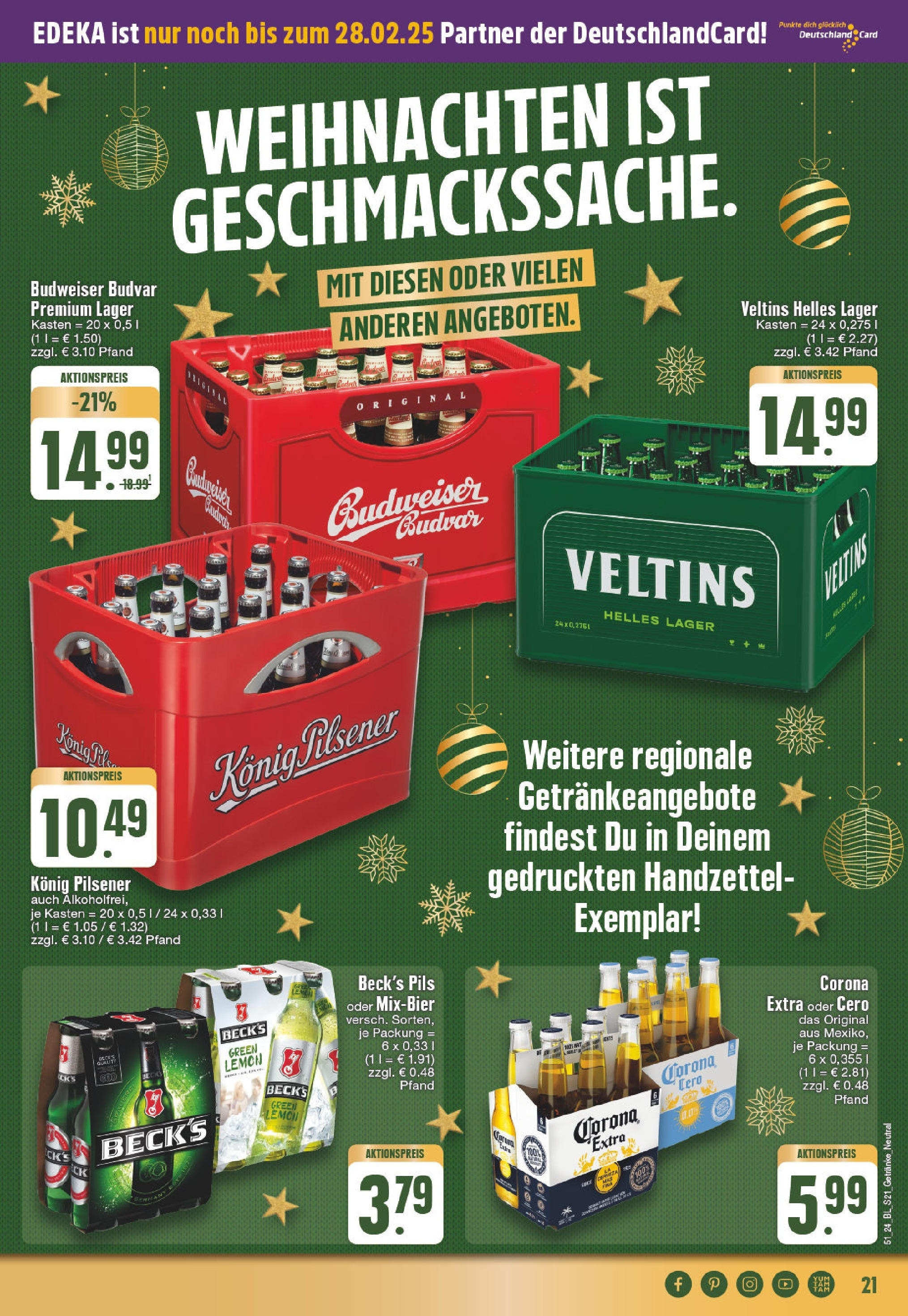 Edeka - E center: Wochenangebote (ab 15.12.2024) » Angebote Online | Seite: 21 | Produkte: Konig pilsener, Pils, Budweiser, Veltins